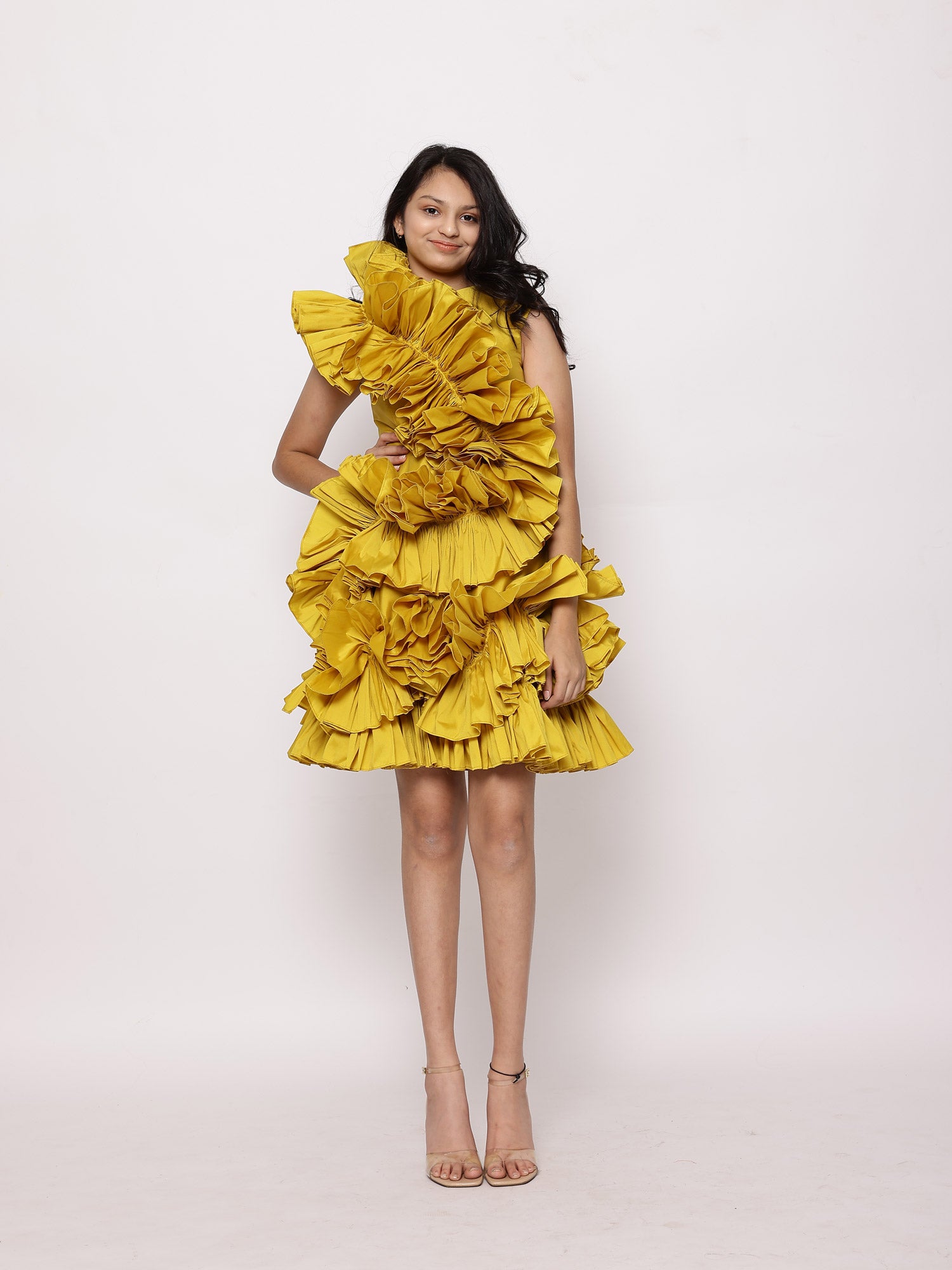 JANYAS CLOSET Yellow Tafetta Ruffle Dress