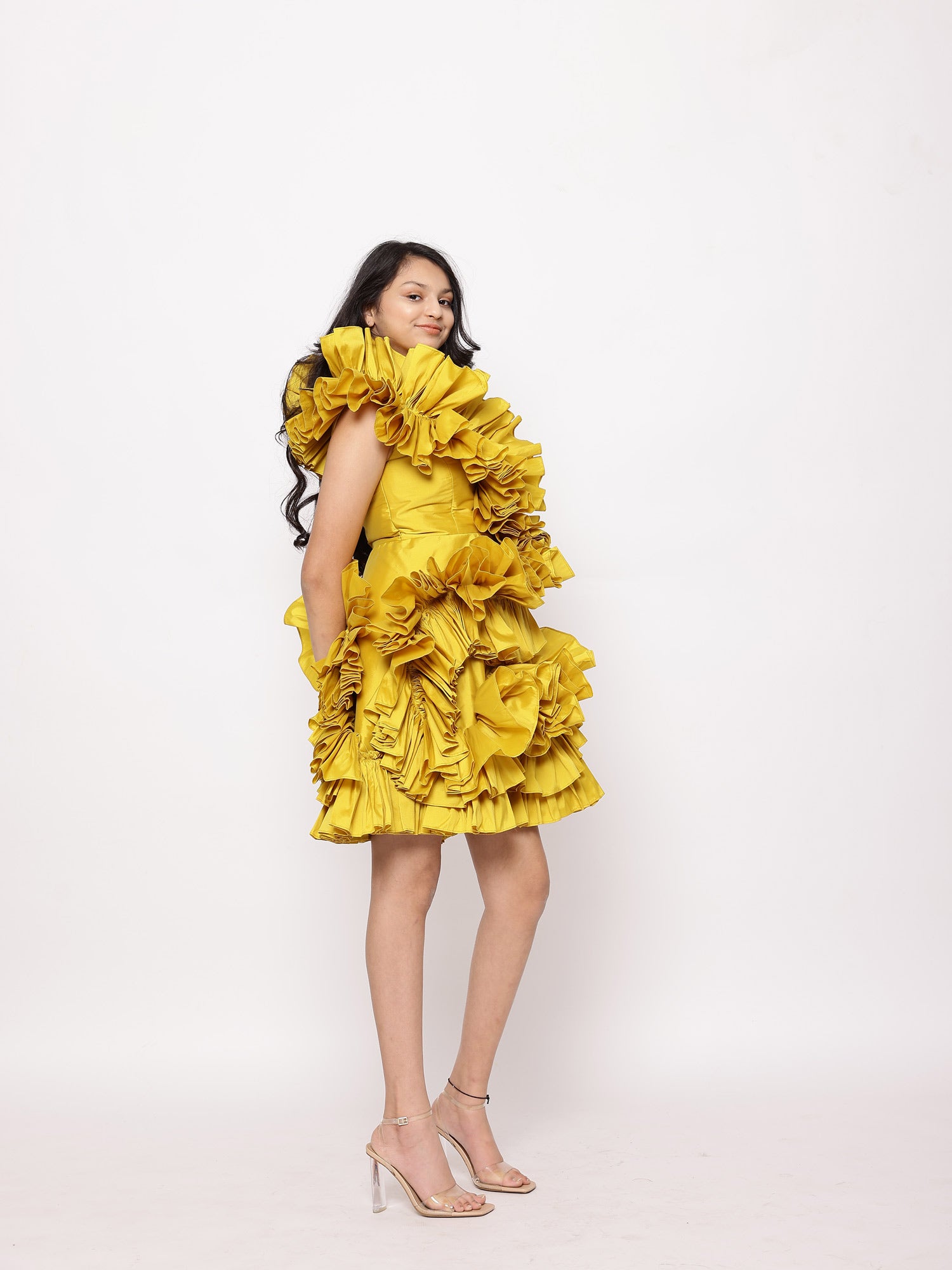 JANYAS CLOSET Yellow Tafetta Ruffle Dress