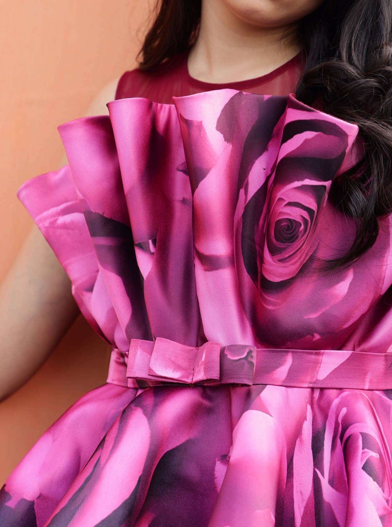 Printed Rose Print Teens Party Dress with Hair Accessory