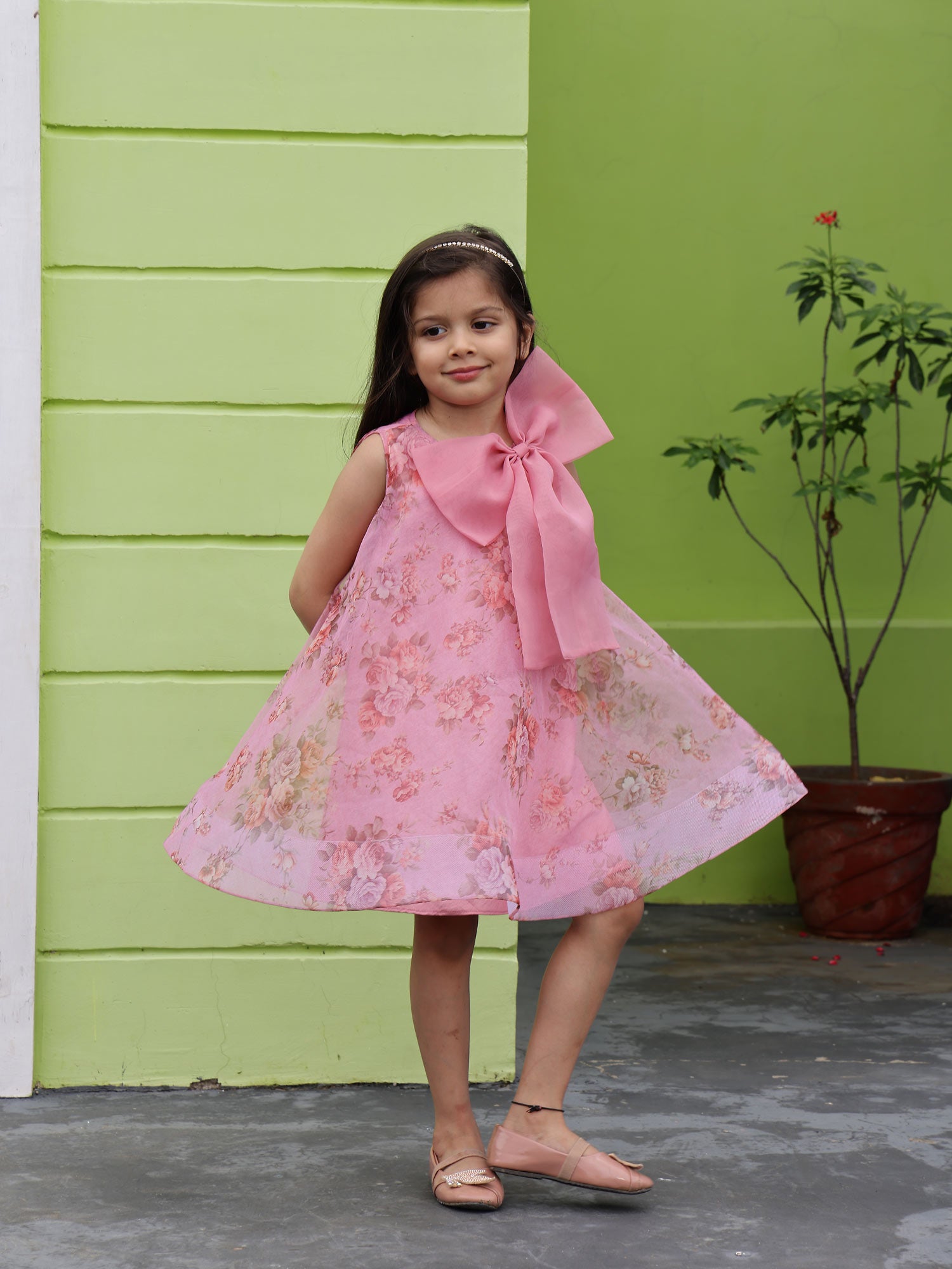 Party Wear Mauve Printed Flower Girl Dress