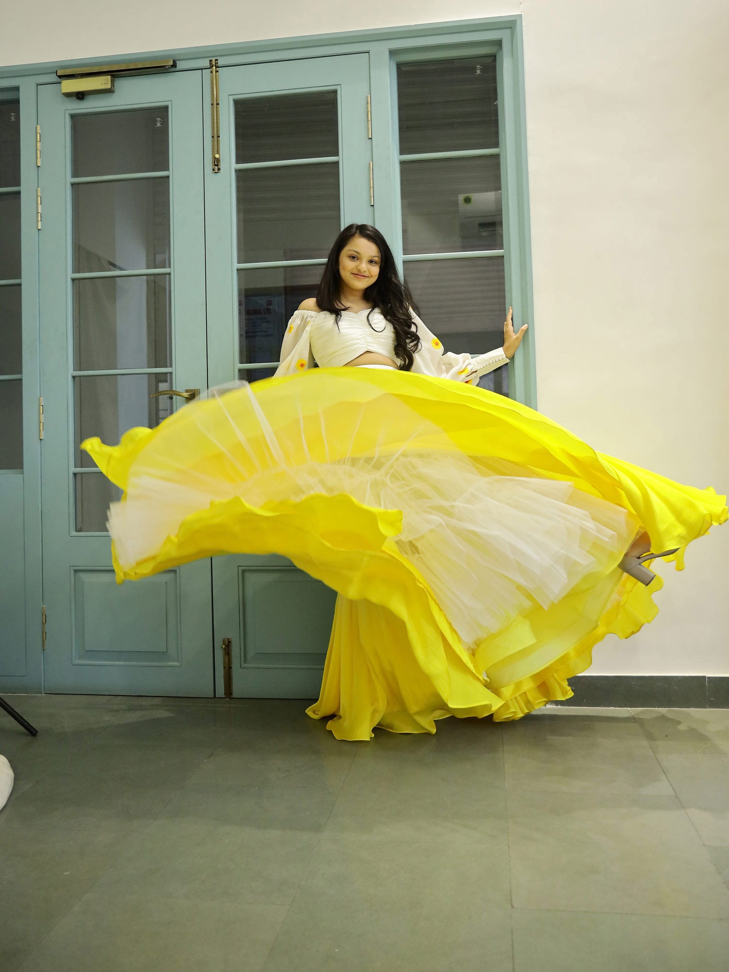 Yellow Ombre lehnga with Draped Painted Blouse