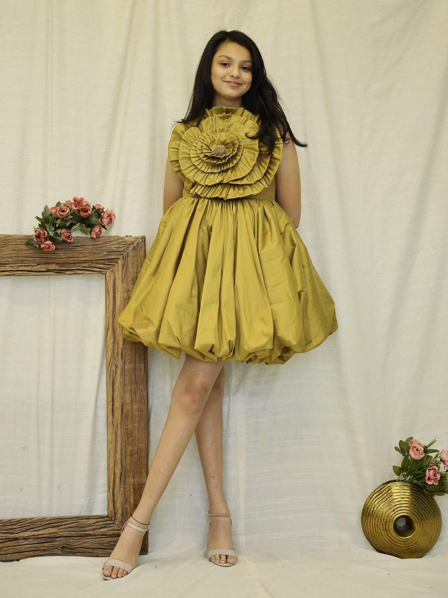 Golden Drape Girls Party Dress with Hair Accessory