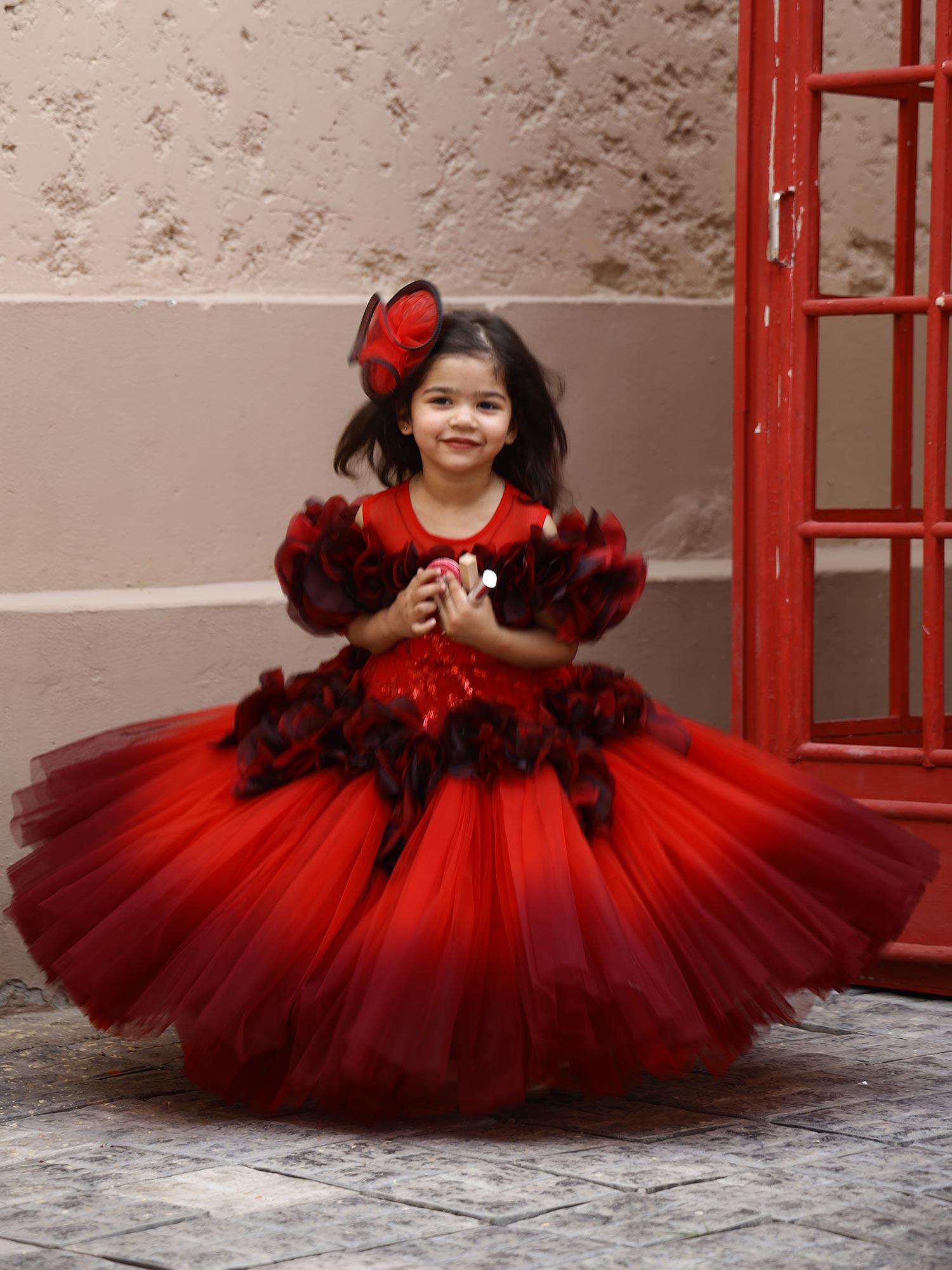 Birthday Red Shaded Ava Roses Gown With hair accessory