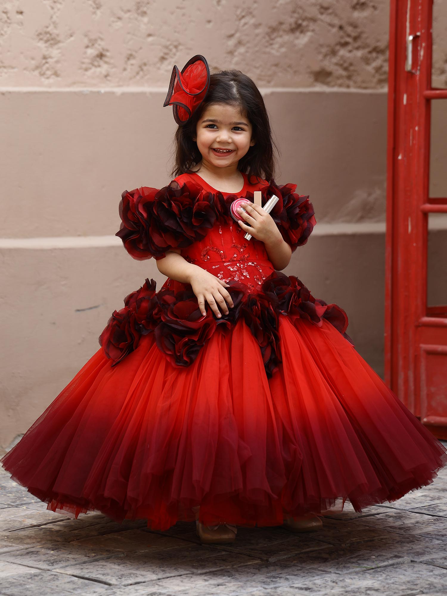 Birthday Red Shaded Ava Roses Gown With hair accessory
