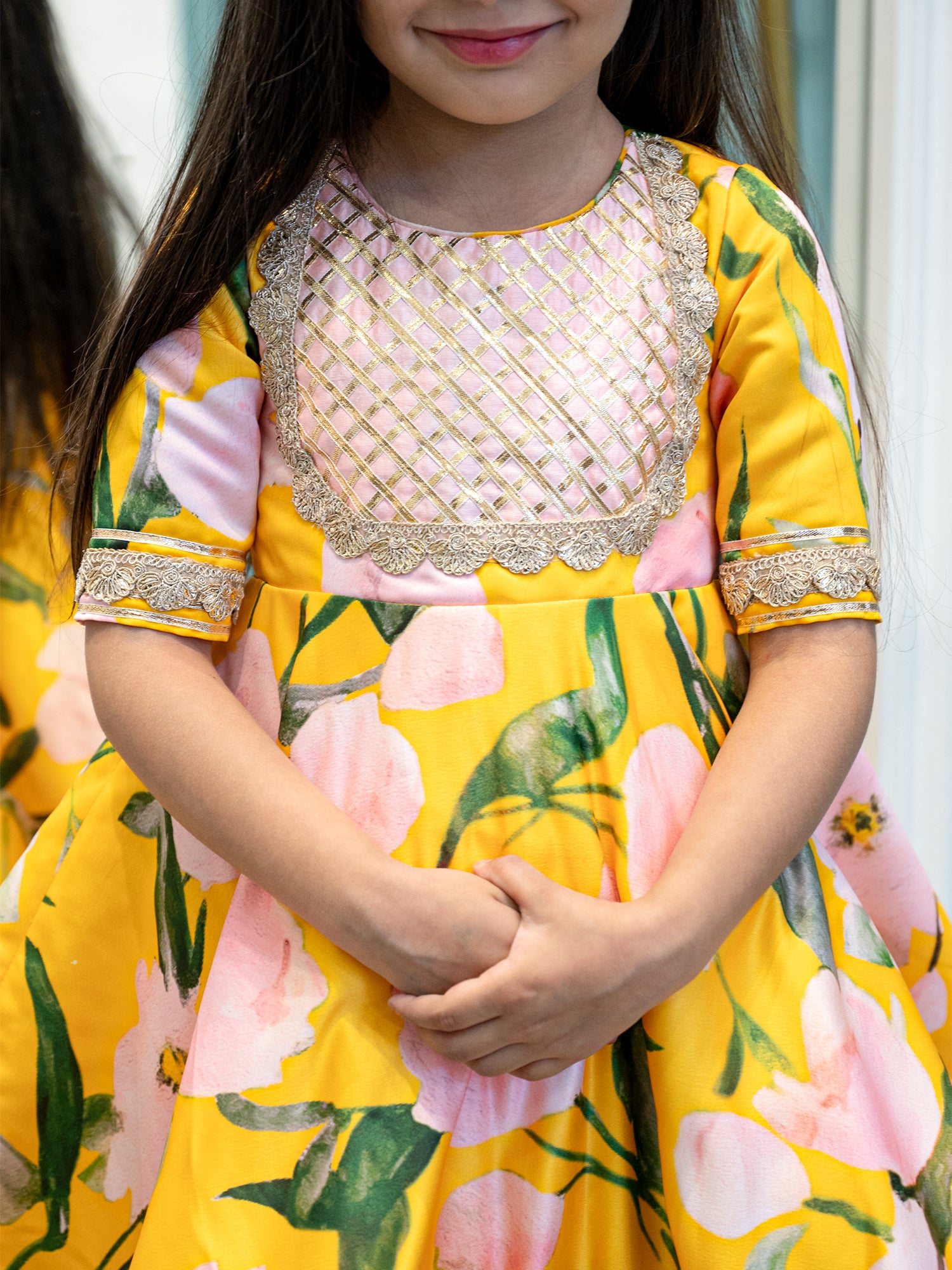 JANYAS CLOSET Bold Yellow Pink Floral Indian Ethnic Frock Dress