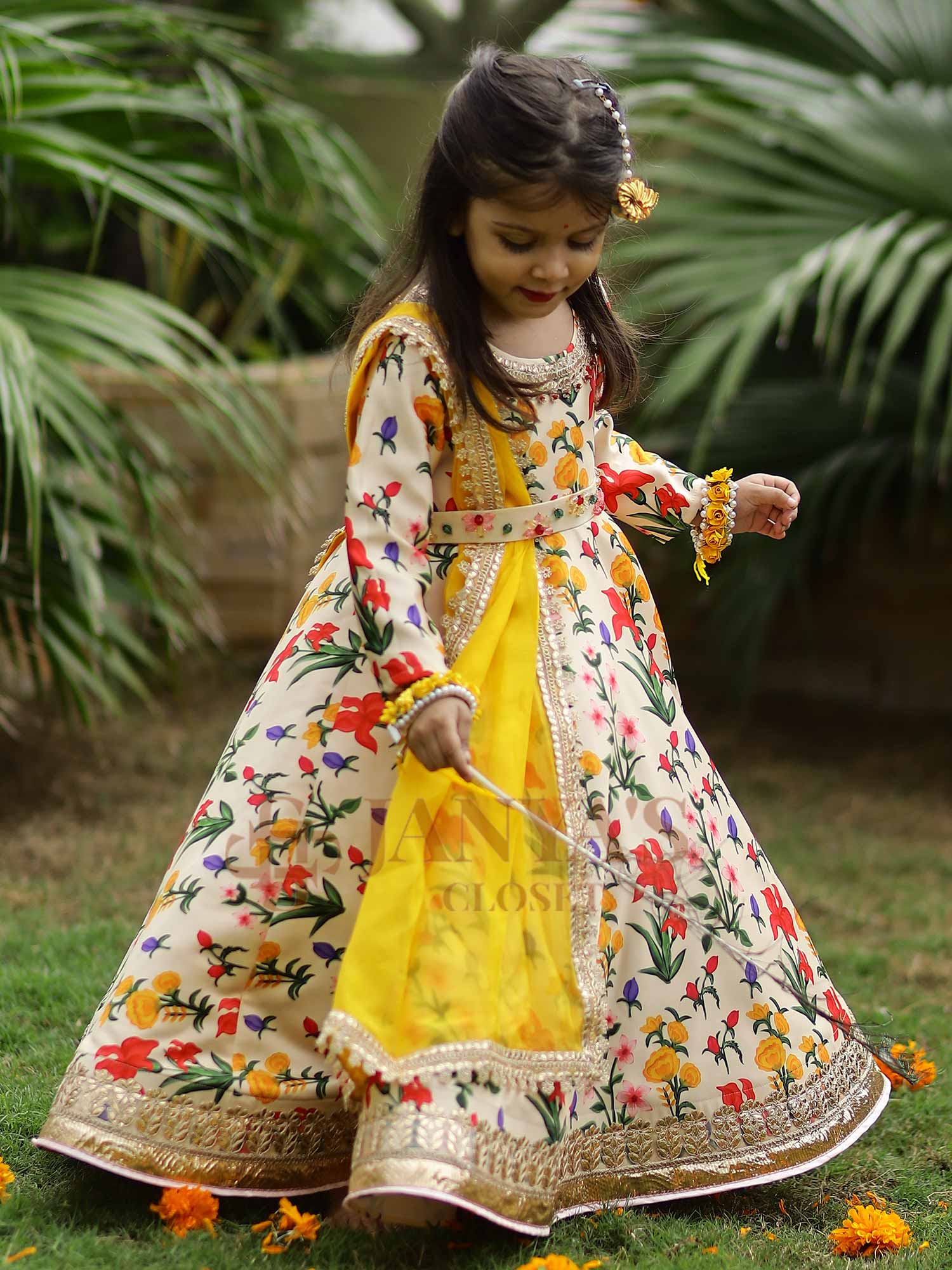 Autumn Bouquet Flared Gown With Dupatta And Belt