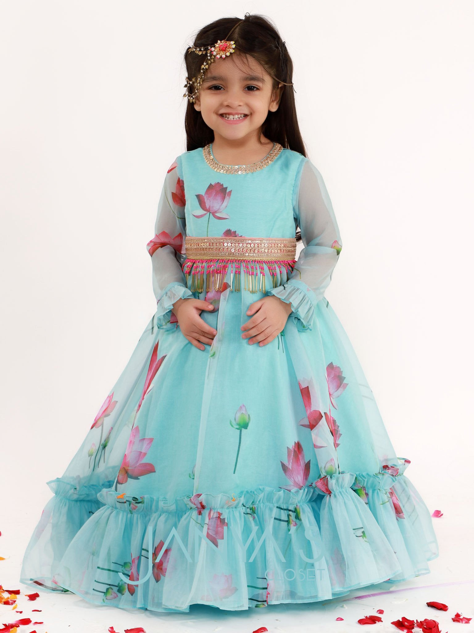 Blue Lotus Printed Anarkali Gown With Ruffled Duppatta And Tasseled Embroidered Belt