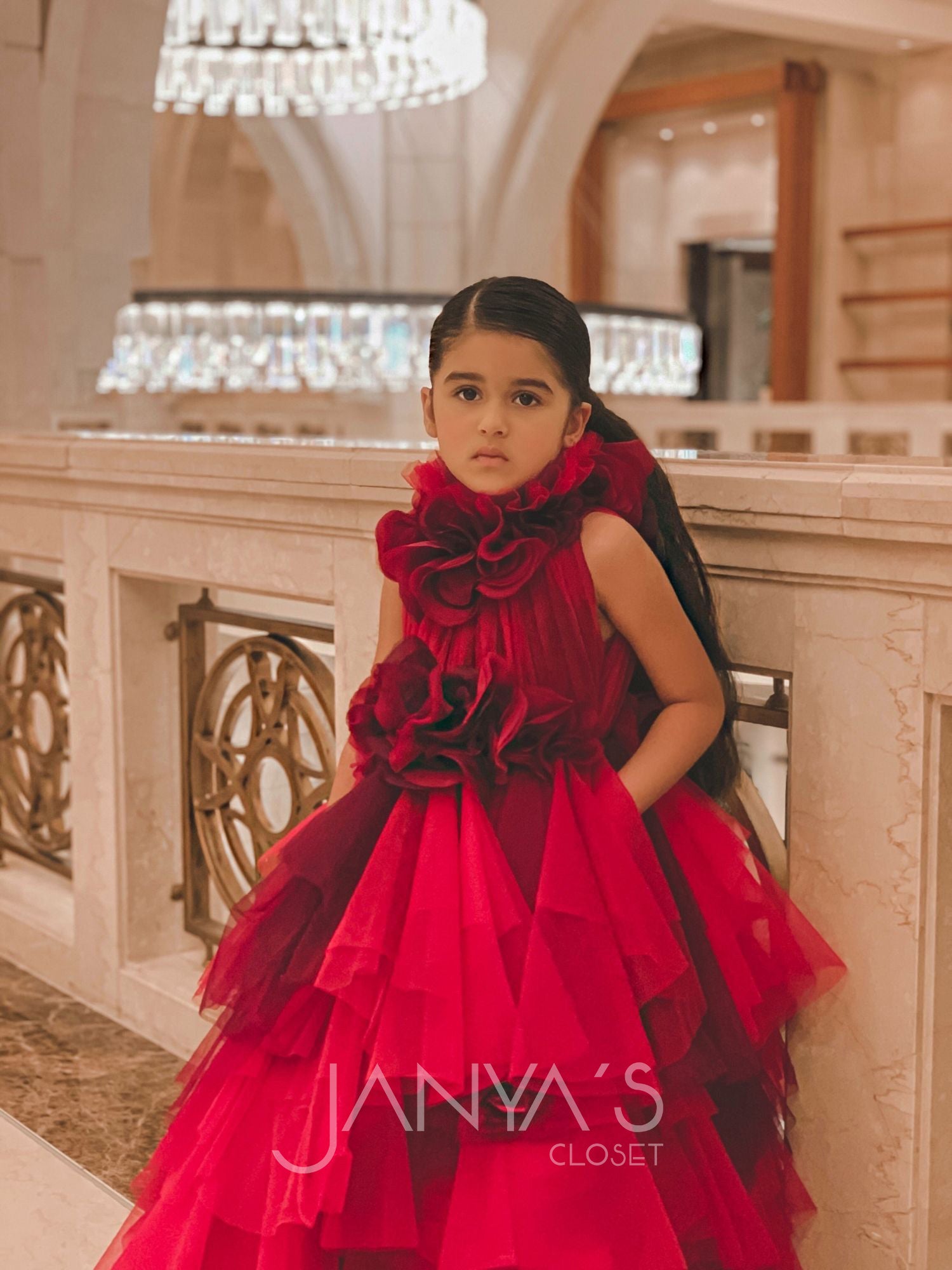 Red Hankies Drapes Luxury Gown With Hair Accessory