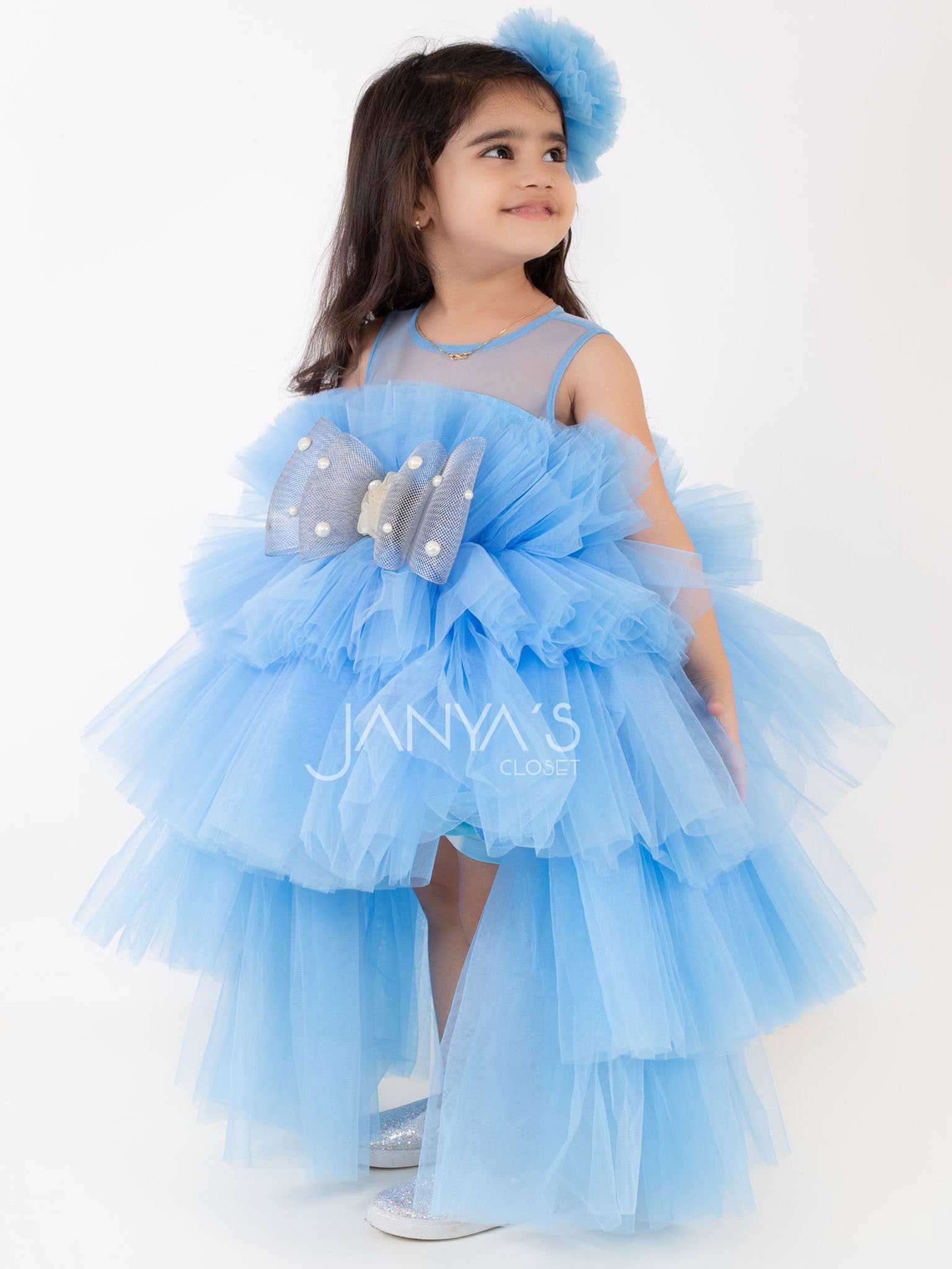 Blue Tiered High-low Gown With Hair Accessory