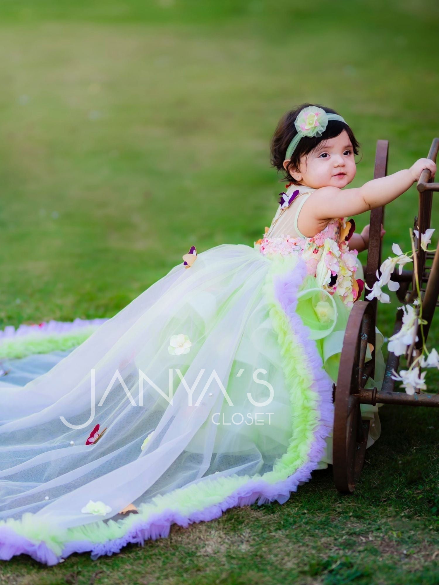 Green Princess Gown With Butterflies And Detachable Double Train With Accessory