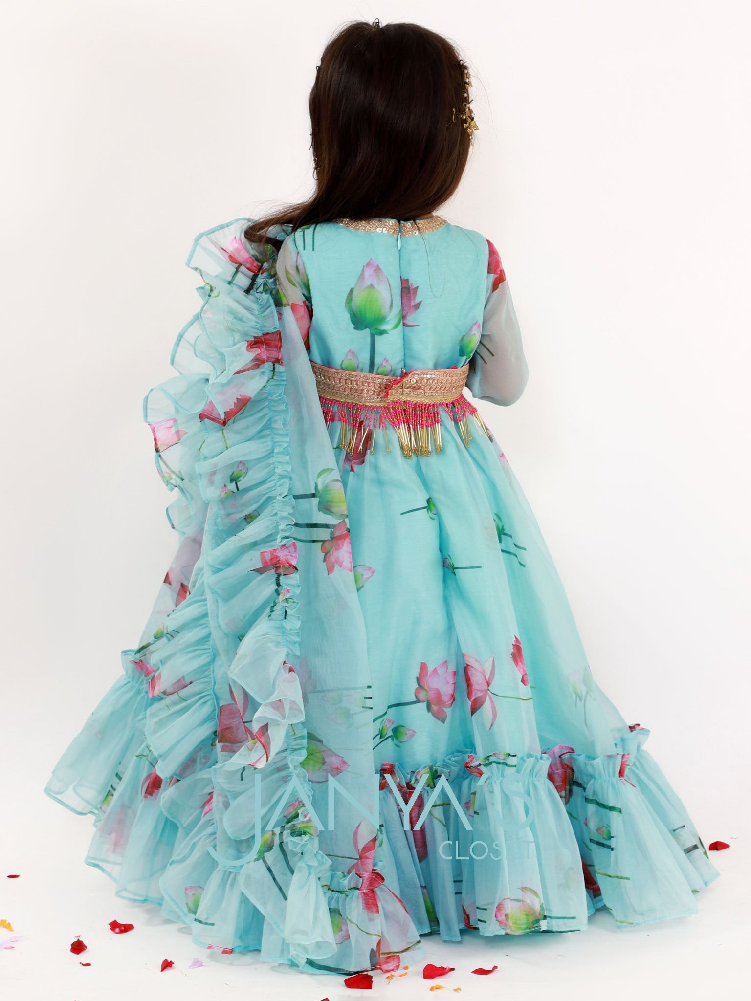Blue Lotus Printed Anarkali Gown With Ruffled Duppatta And Tasseled Embroidered Belt