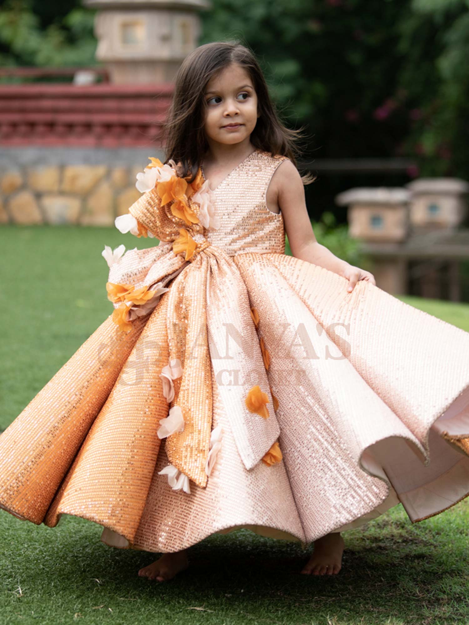 Gold Ball Gown Ombre Sequin Princess Birthday Gown With Hair Pin *