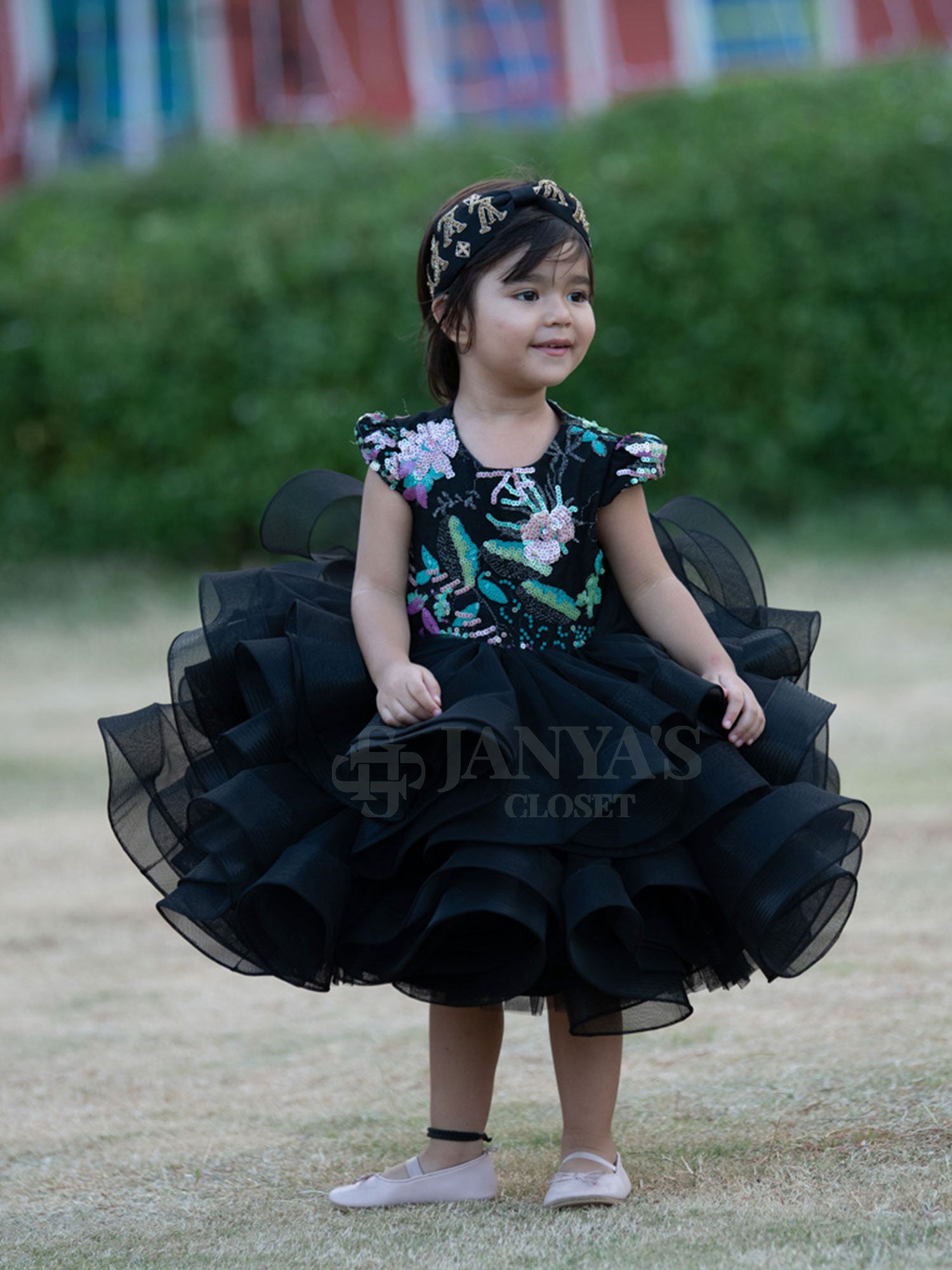 Black Embroidered Birthday Party Dress With Hair Pin