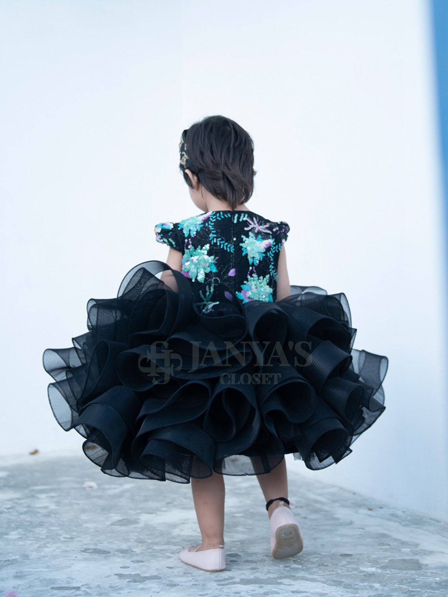 Black Embroidered Birthday Party Dress With Hair Pin