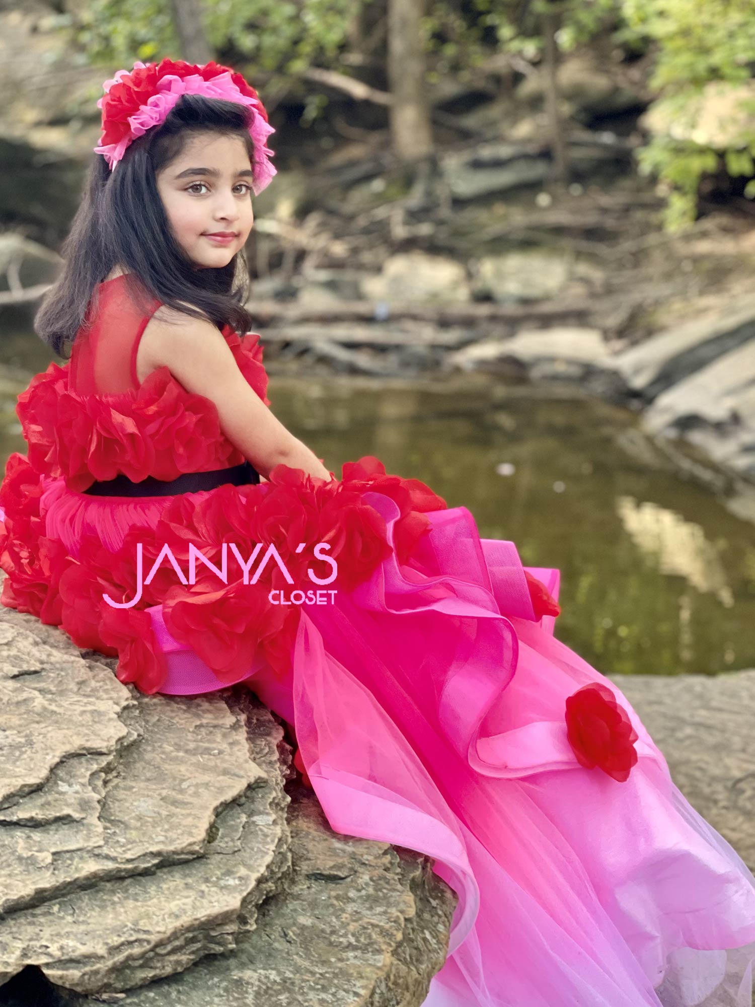 Shaded Red Fantasy Gown With Hair Pin