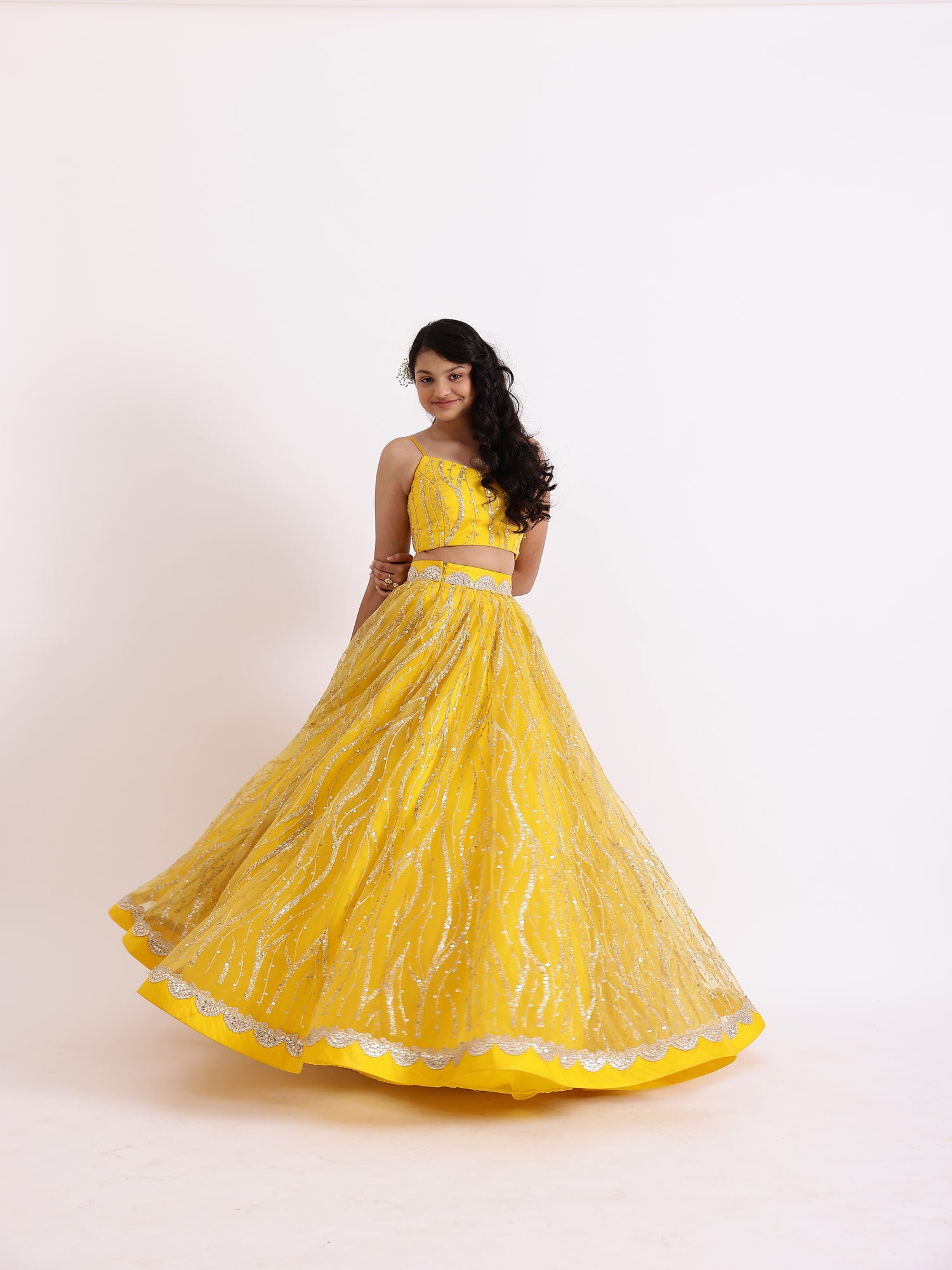 JANYAS CLOSET Embroidered Yellow Sequence Lehnga Skirt With Blouse