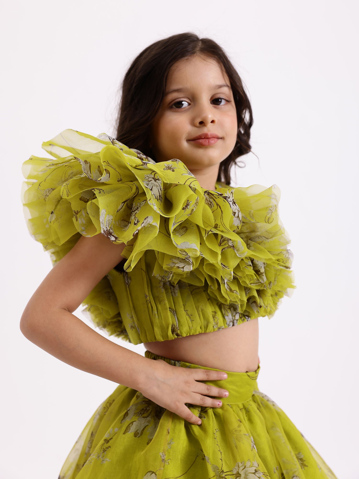 JANYAS CLOSET Green Printed Drape Blouse Top With Lehnga Skirt