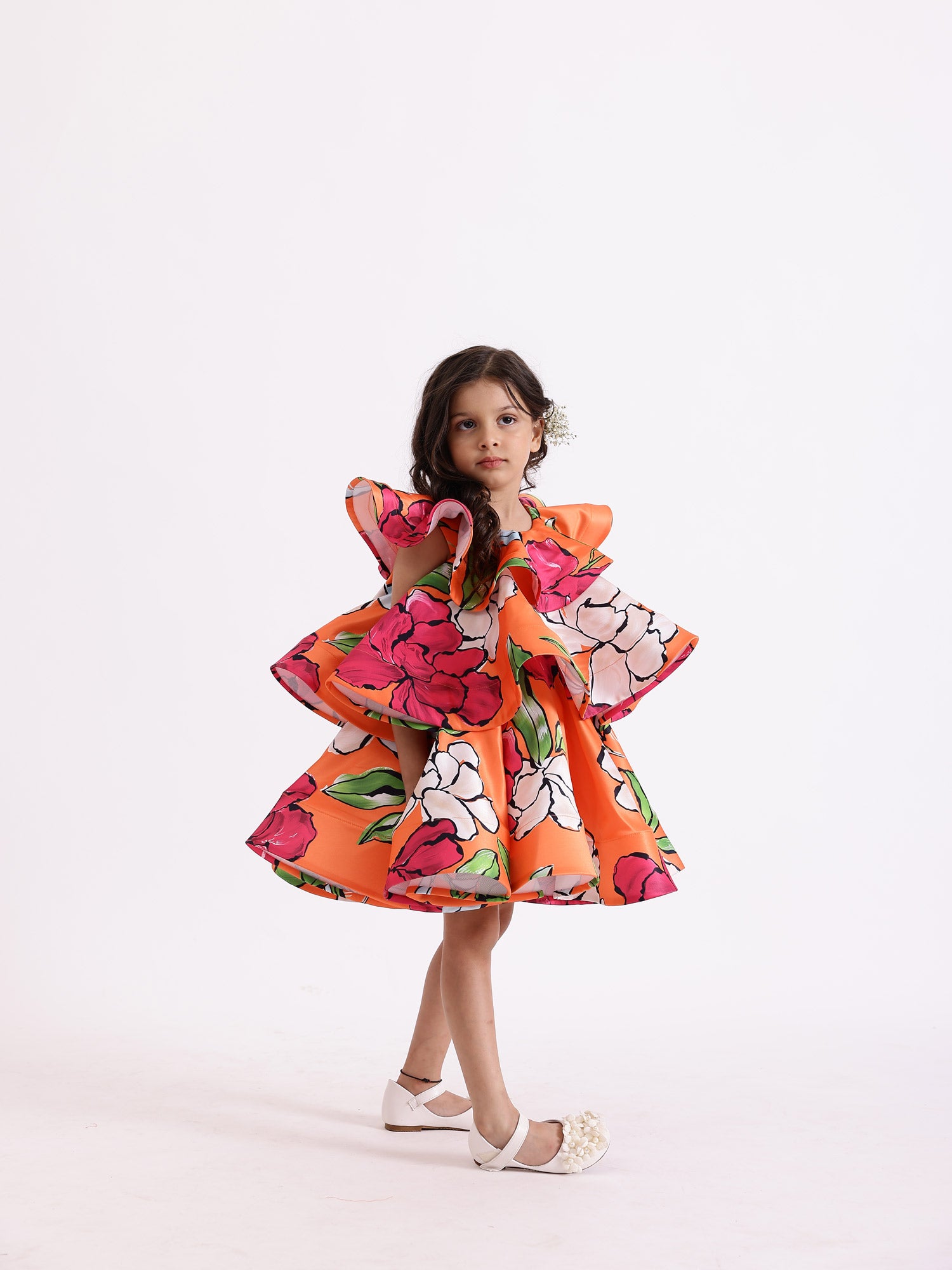 JANYAS CLOSET Orange Bold Floral Print Layered Dress