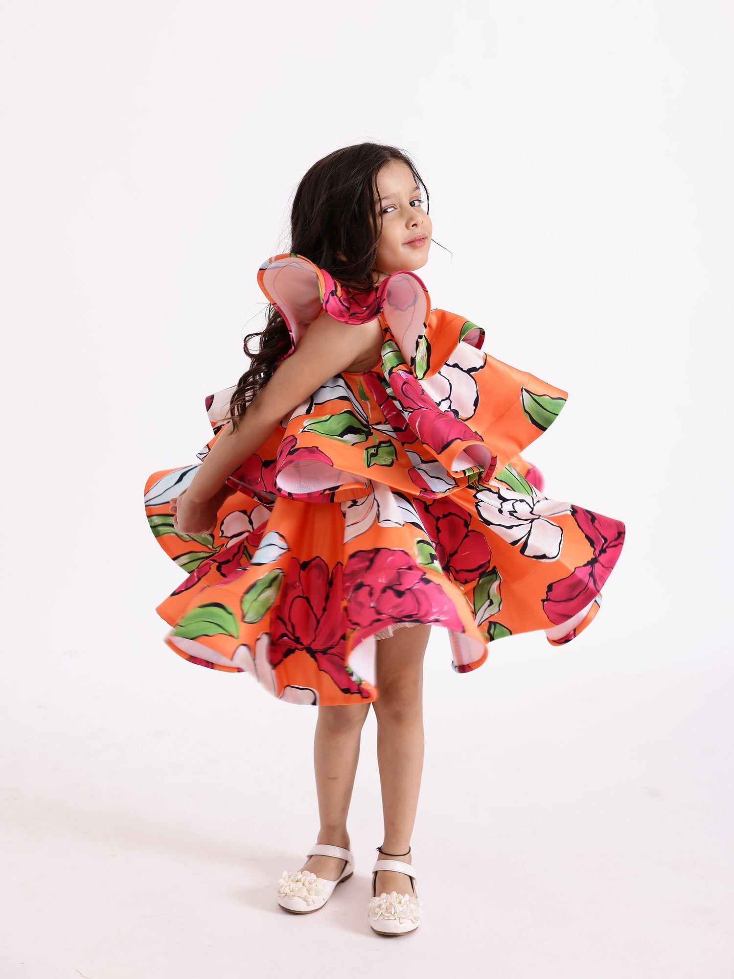 JANYAS CLOSET Orange Bold Floral Print Layered Dress