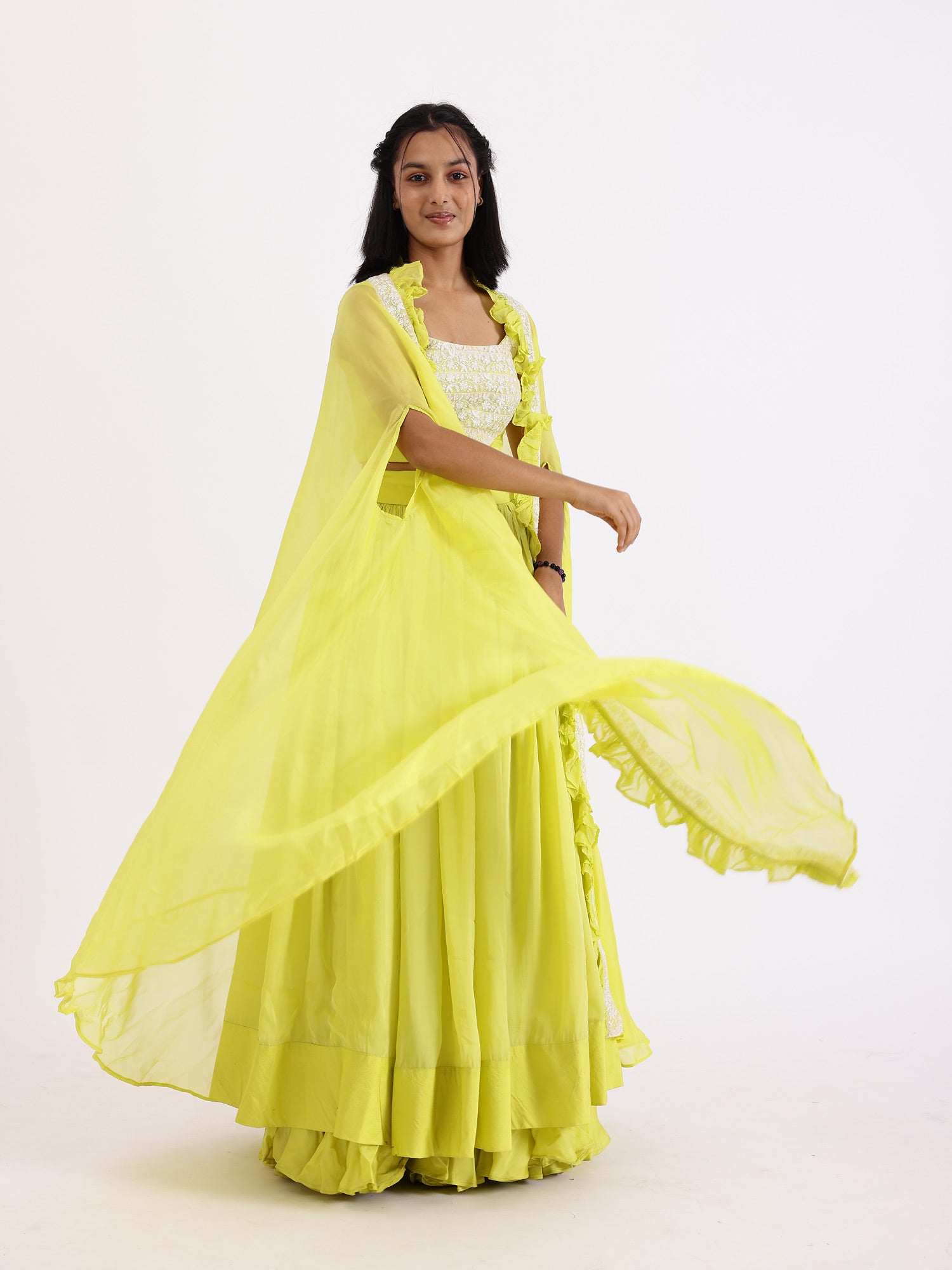 JANYAS CLOSET LIME GREEN BUSTIER TOP WITH SKIRT AND CAPE