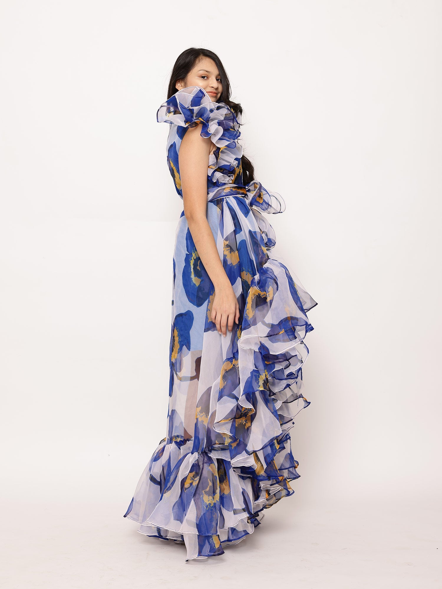 JANYAS CLOSET Blue Floral Printed High-Low Ruffle Dress