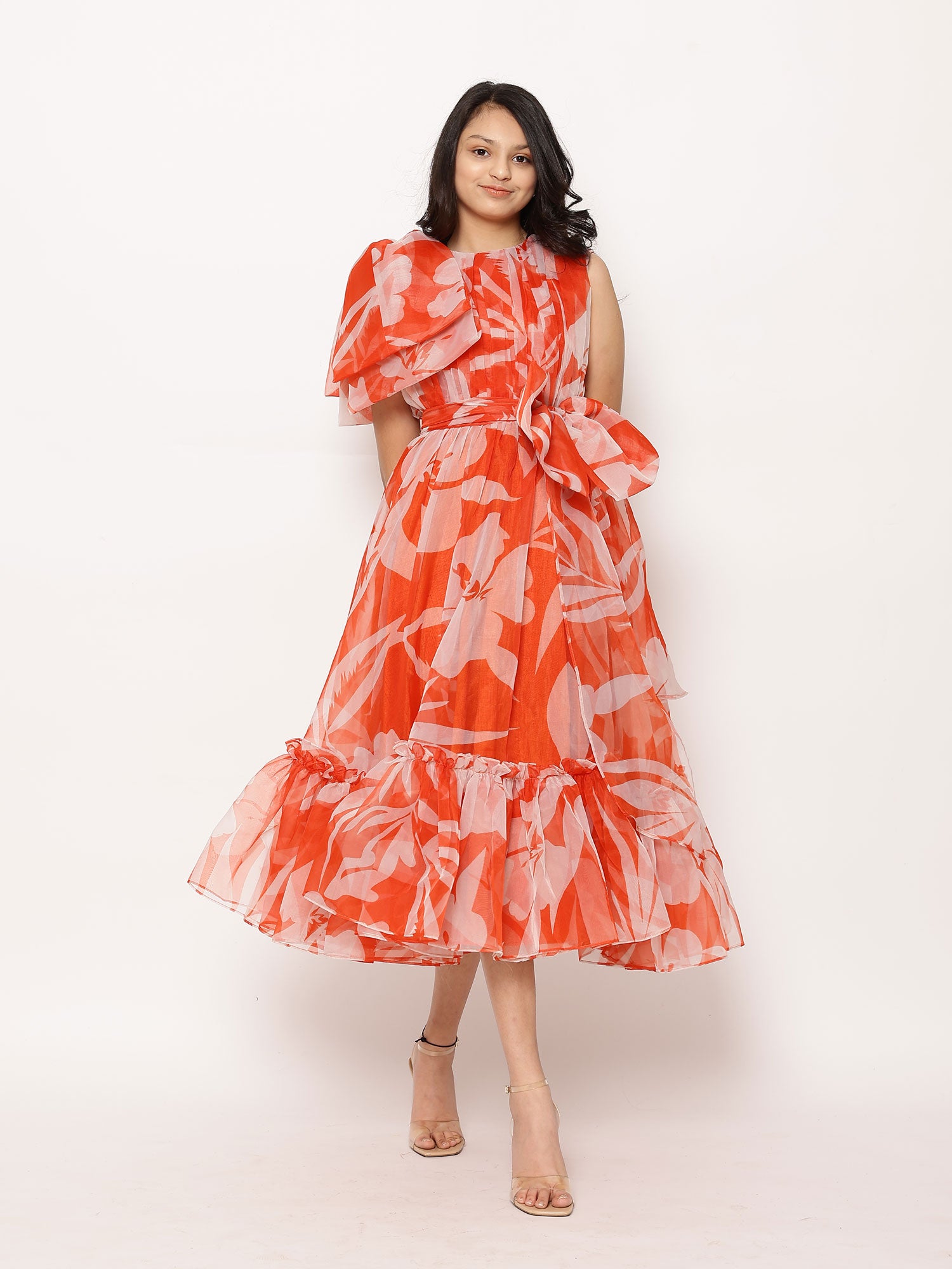 Janyas Closet Lora Floral Print Tea-Length Ruffled Dress