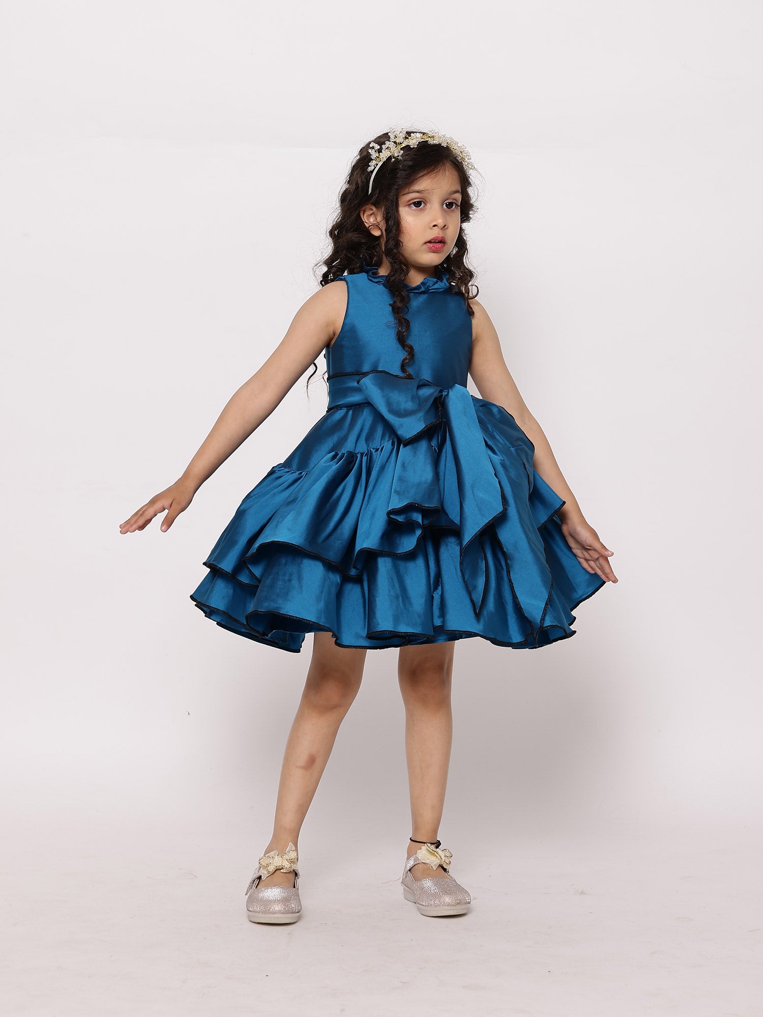 JANYAS CLOSET Elegant Teal Blue Taffeta Dress with Belt String