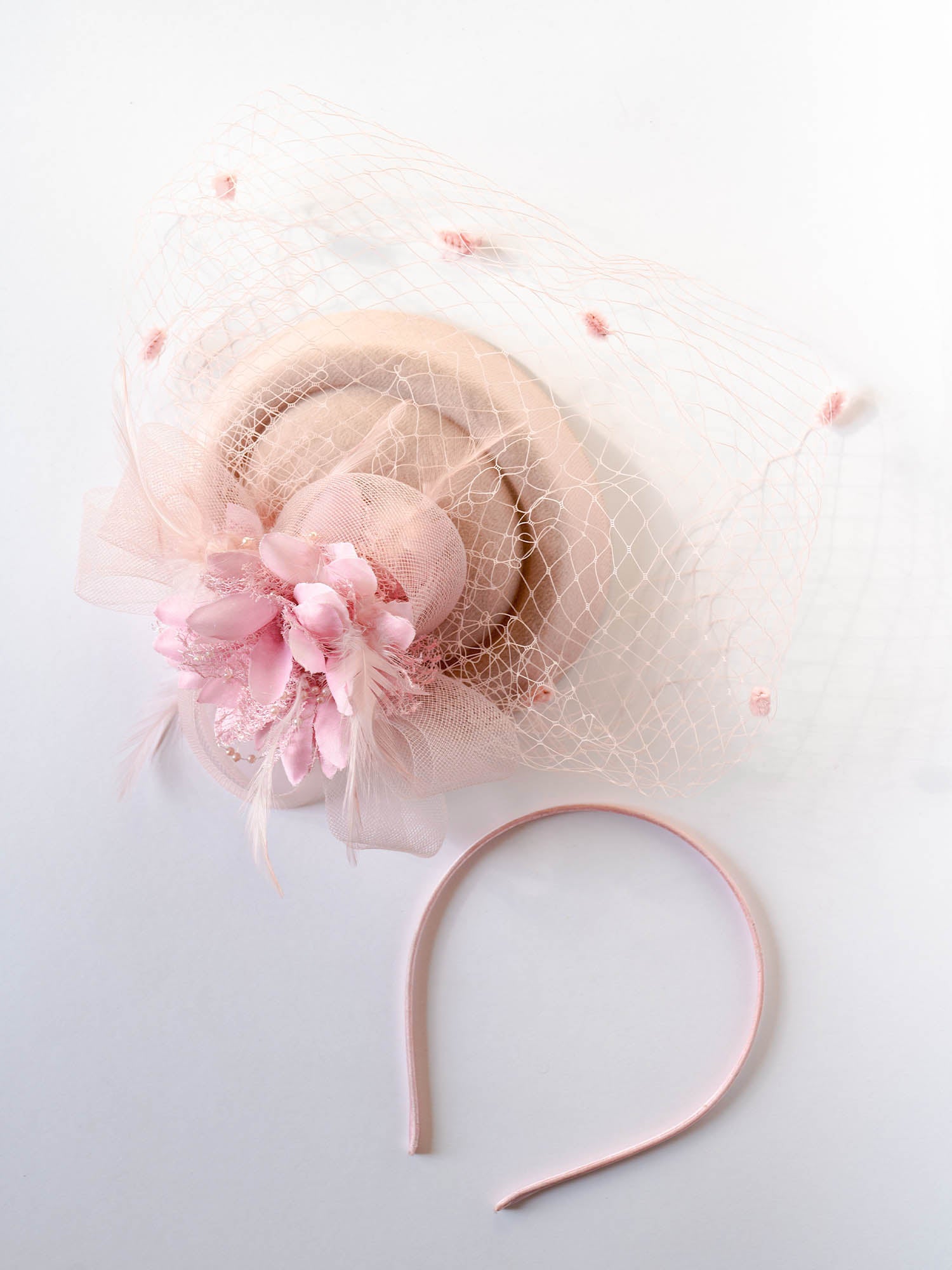 Janyas Closet Vintage Dusty Pink Derby Hat with Veil Hair Clip And Hair Band