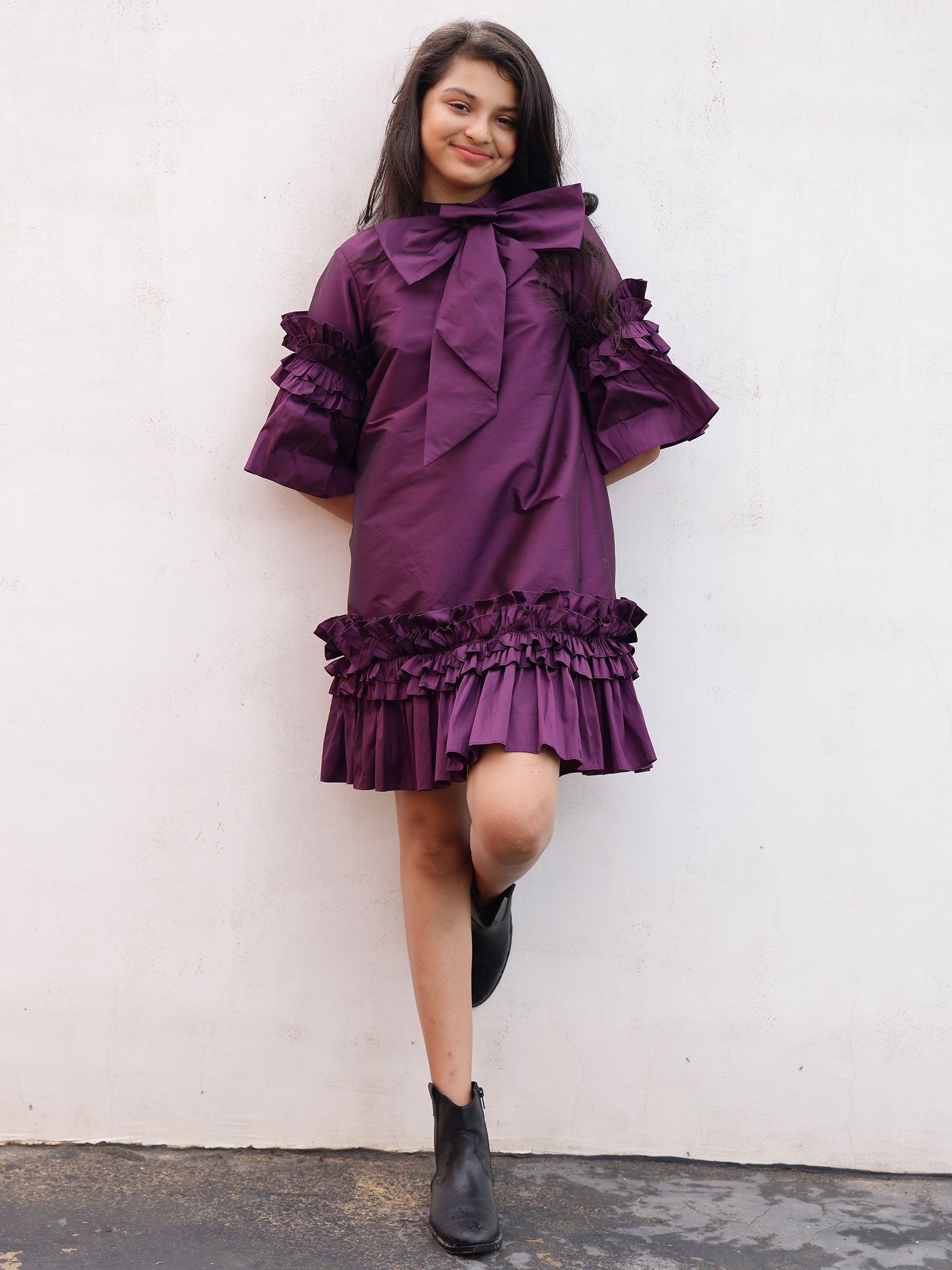 Janyas Closet Teen Purple Ruffle Dress with Bow Tie Collar