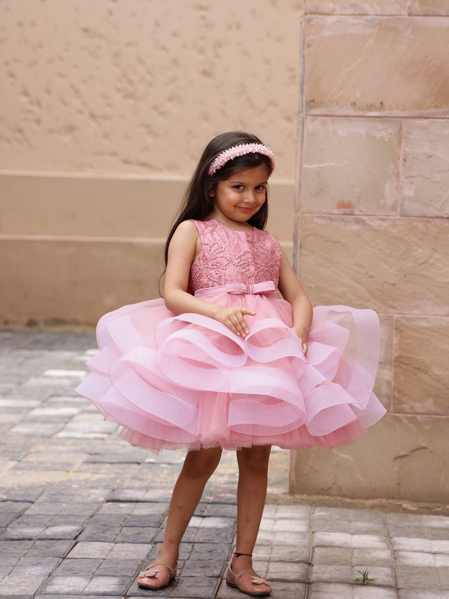 Pre-order: Mauve Pink Barbie Dress With Detachable Uneven Drape and Hair Pin