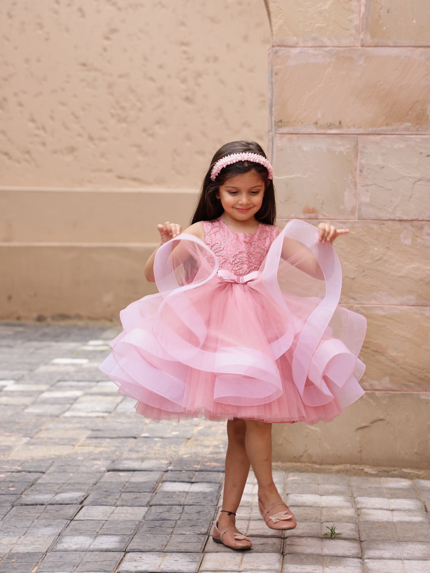 Pre-order: Mauve Pink Barbie Dress With Detachable Uneven Drape and Hair Pin