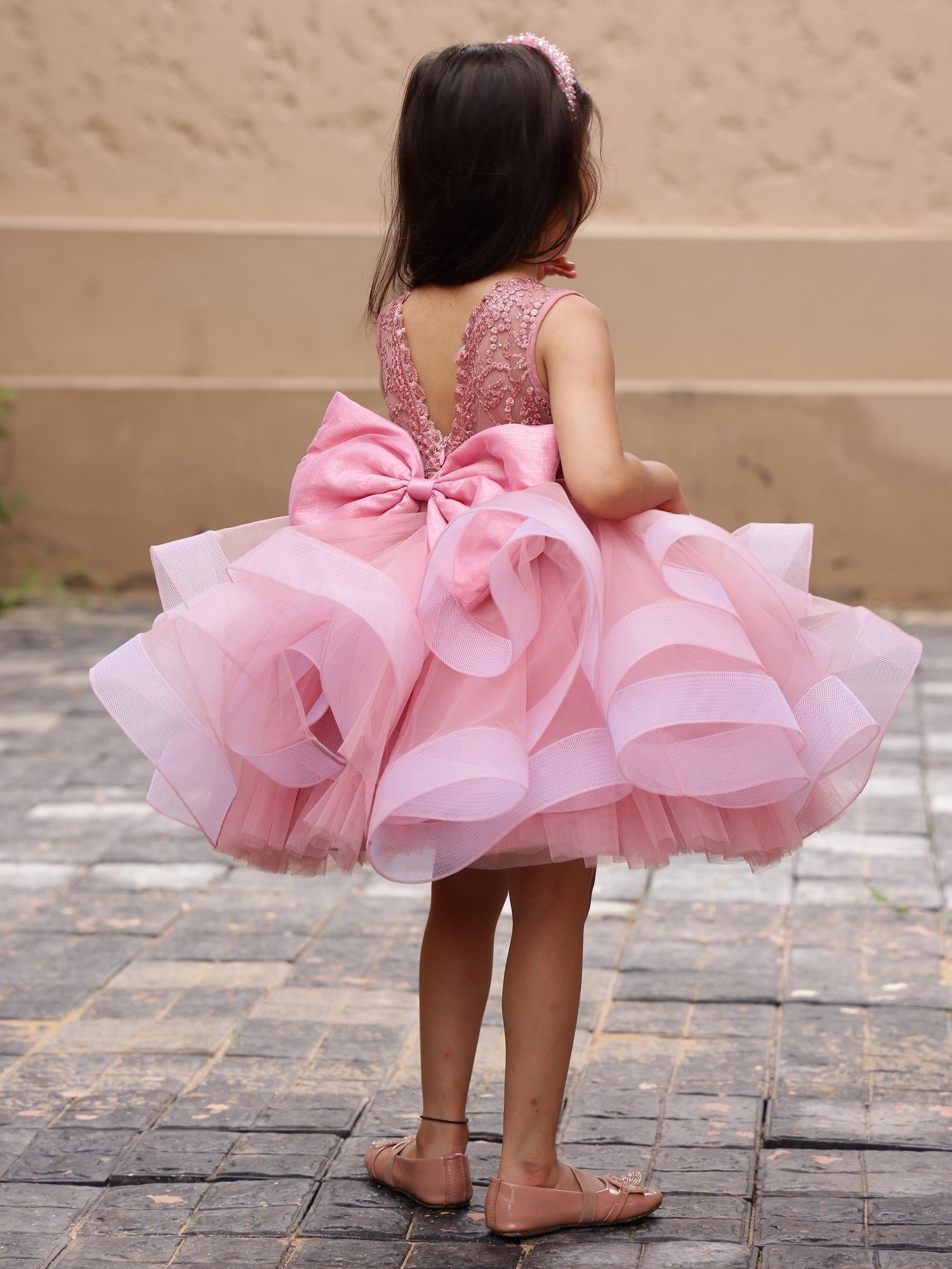 Pre-order: Mauve Pink Barbie Dress Uneven Drape and Hair Pin