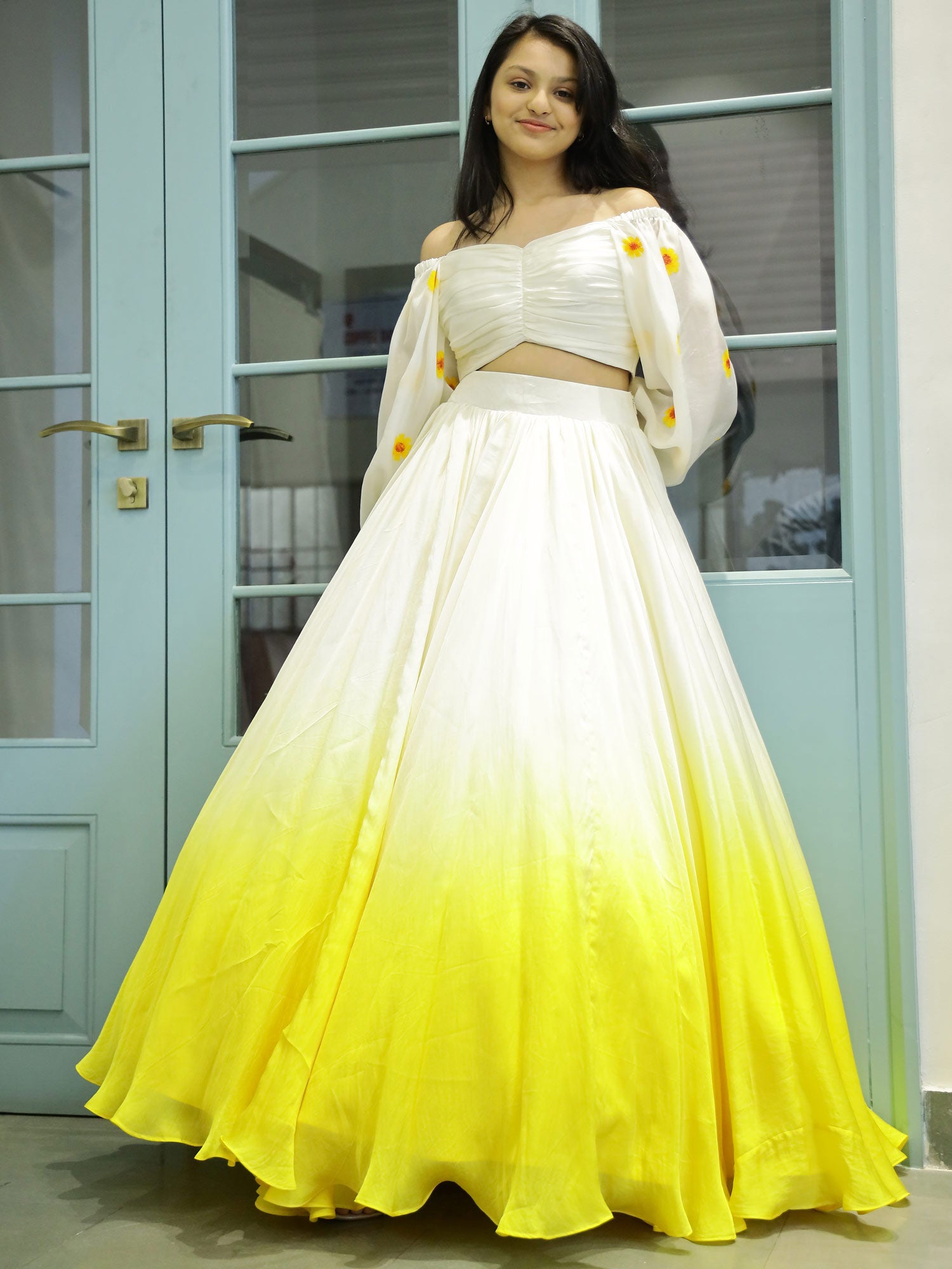 Pre order: Yellow Ombre lehnga with Draped Painted Blouse