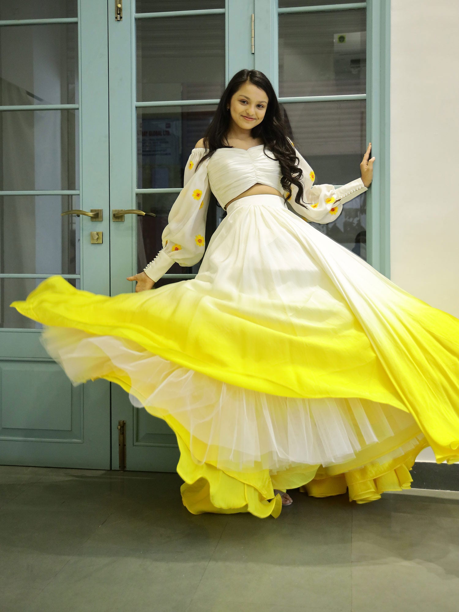 Pre order: Yellow Ombre lehnga with Draped Painted Blouse