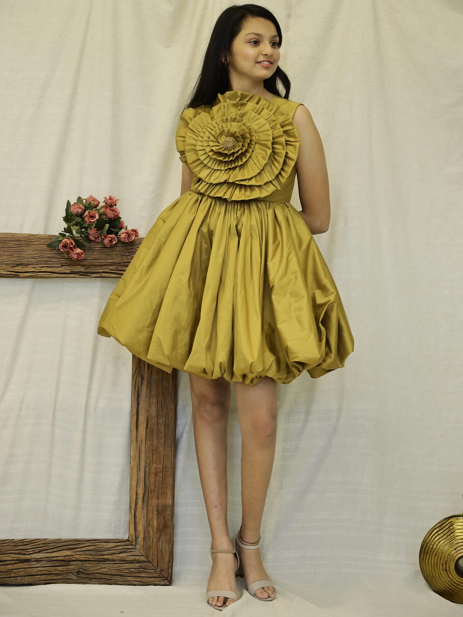 Pre Order: Golden Drape Girls Party Dress with Hair Accessory
