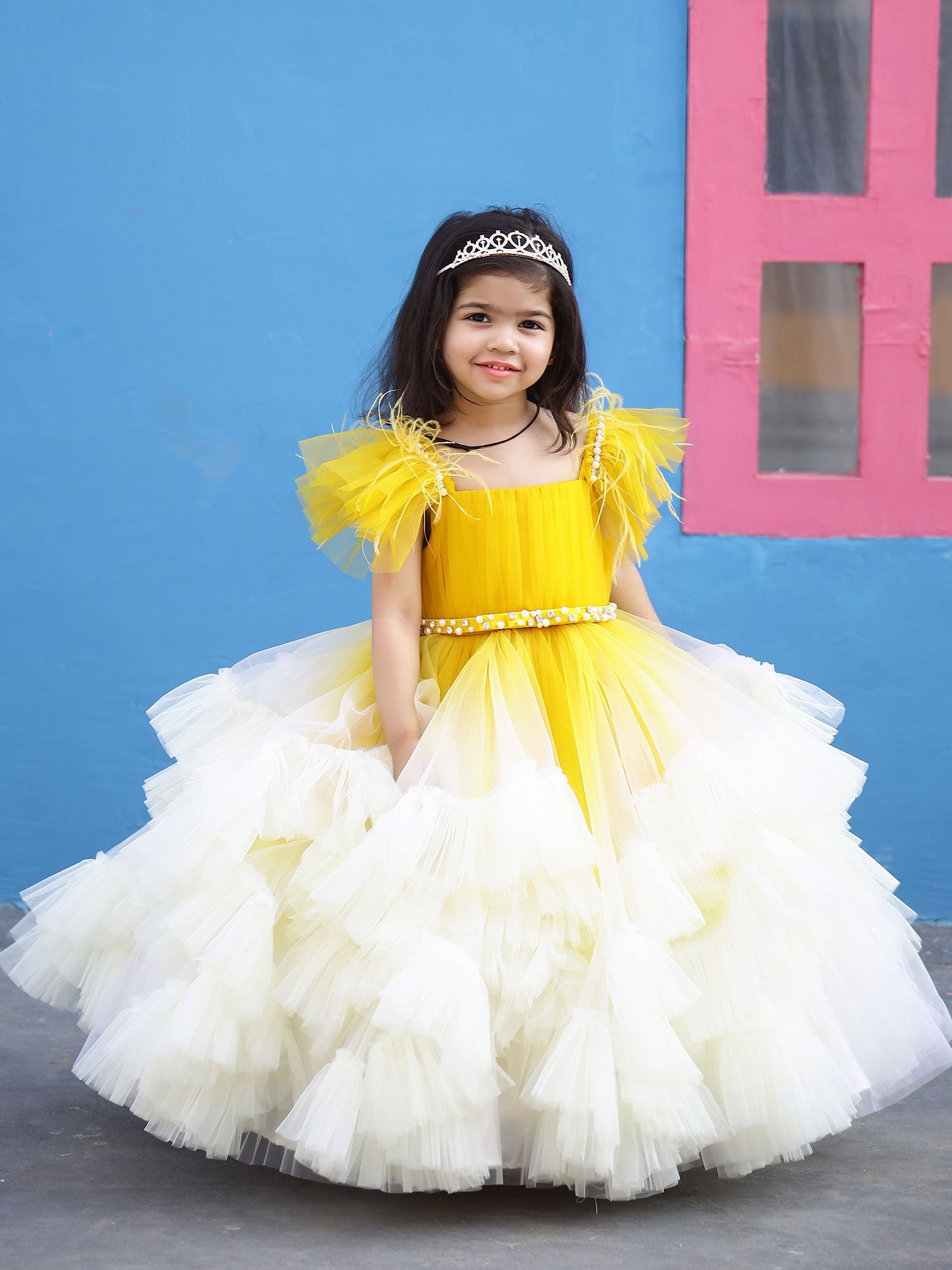 Pre-order: Shaded Yellow Frilly Birthday Gown with Hair pin