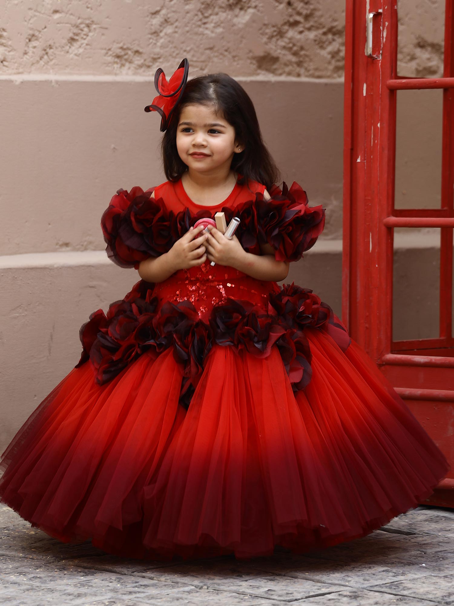 Pre order: Birthday Red Shaded Ava Roses Gown With hair accessory
