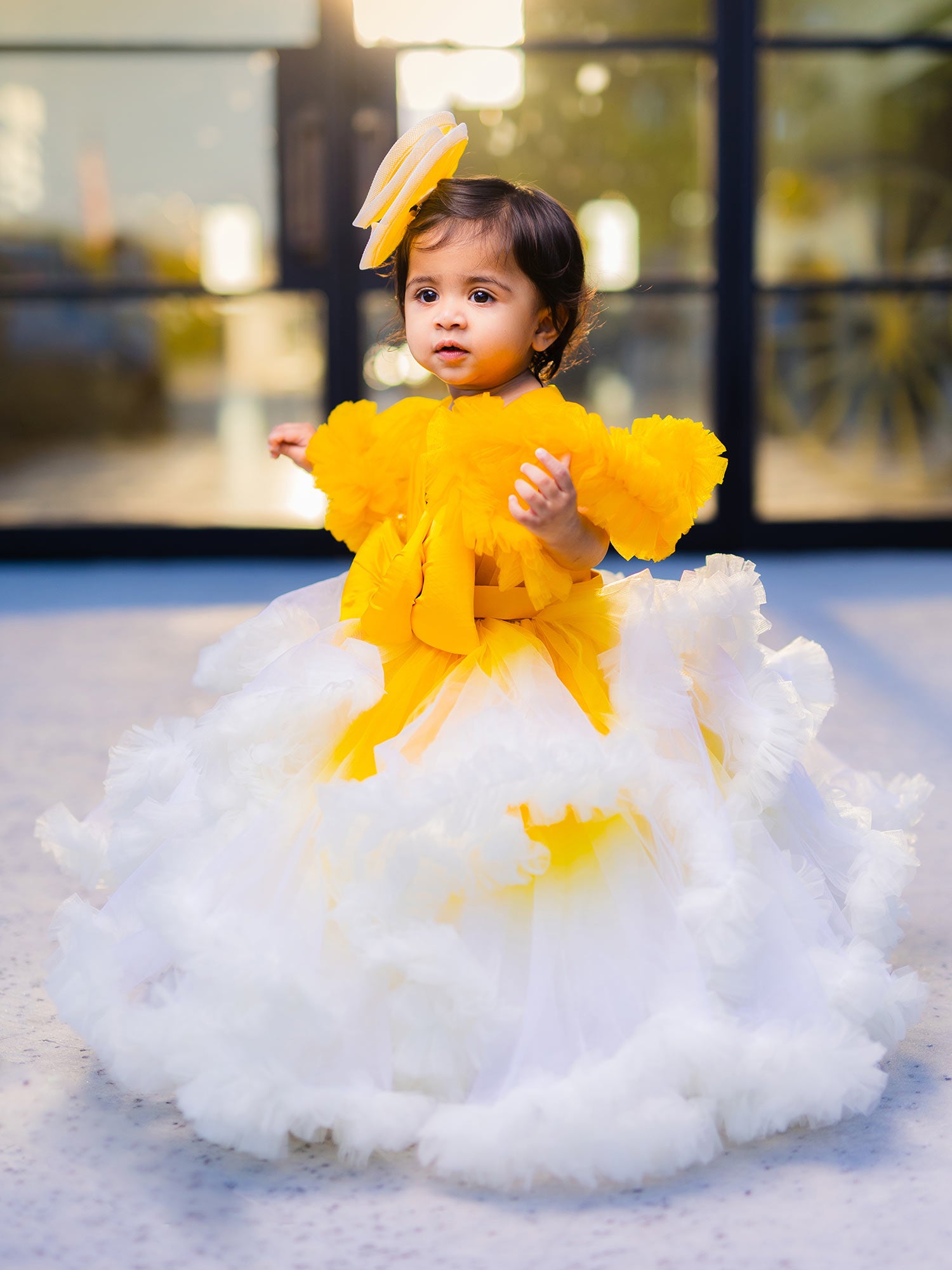Pre-Order: Yellow Shaded Enchanted Frilled Gown with Hair Pin