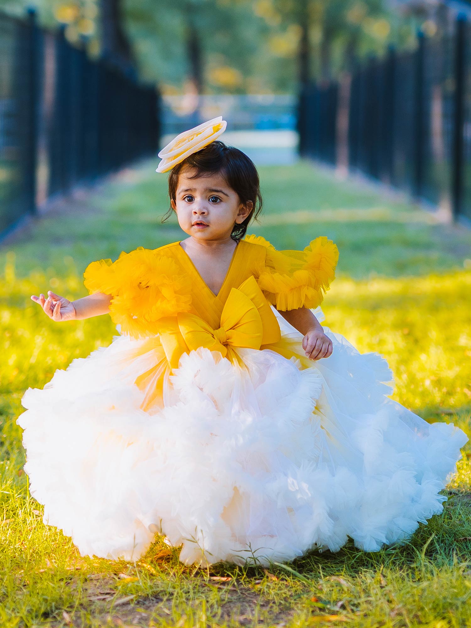Yellow Shaded Enchanted Frilled Gown with Hair Pin