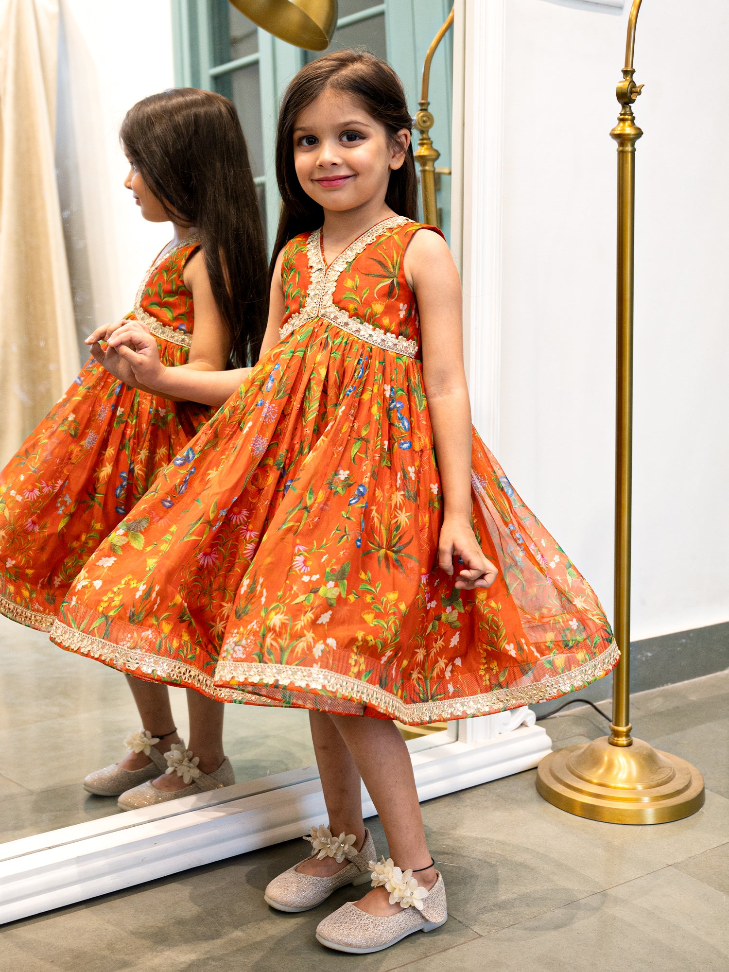 JANYAS CLOSET Burnt Orange Floral Print Ethnic Indian Dress