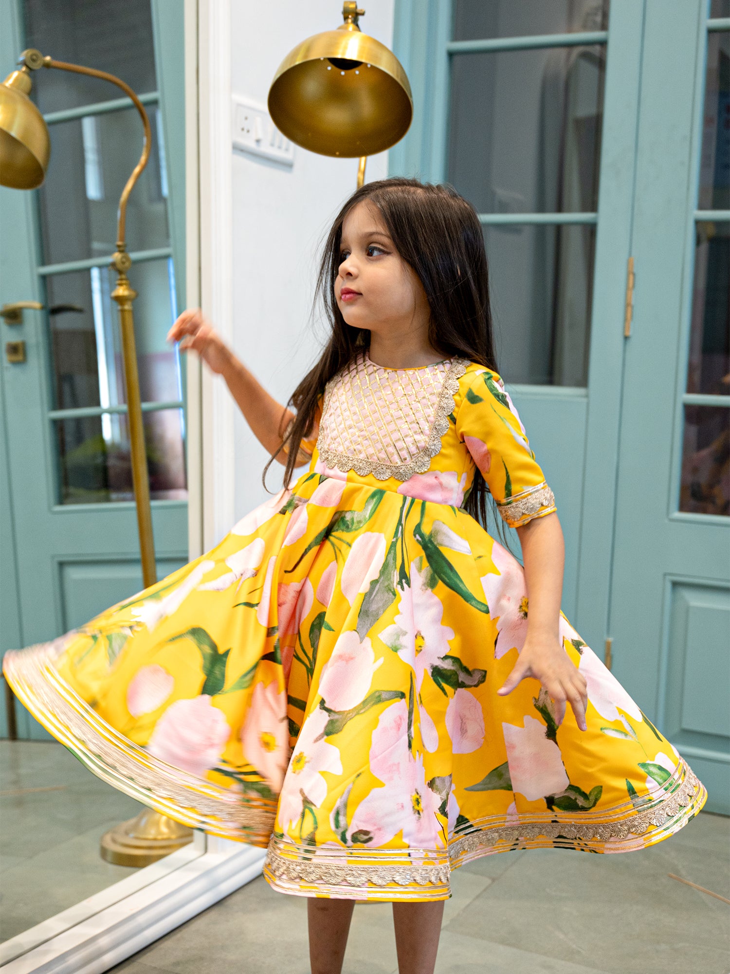 JANYAS CLOSET Bold Yellow Pink Floral Indian Ethnic Frock Dress