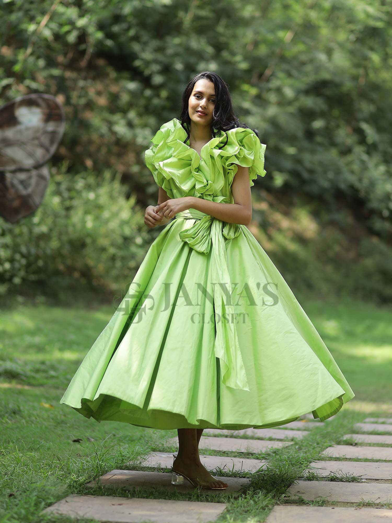 Green Ruffled Prom Party Girl Dress