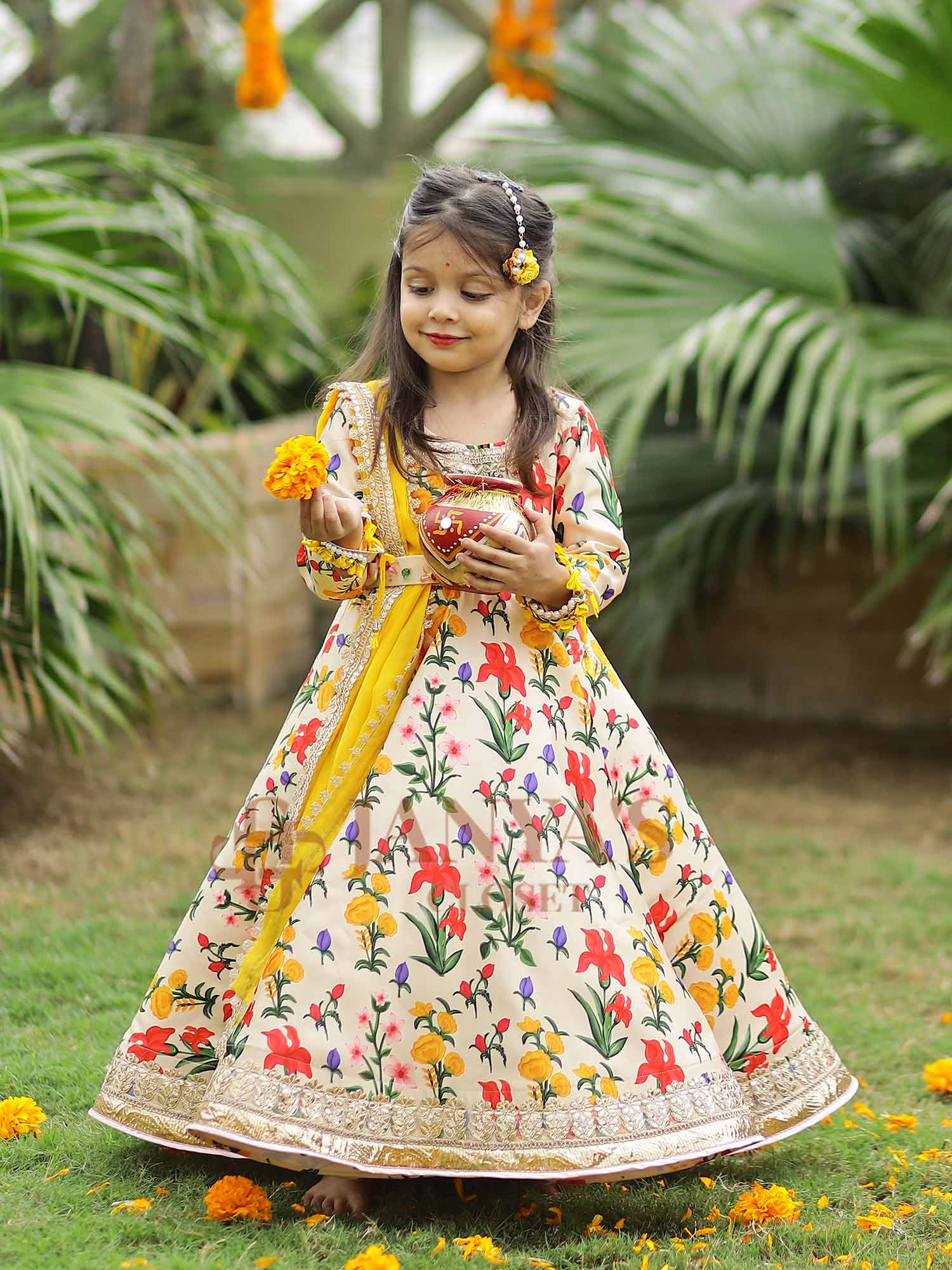Pre Order: Autumn Bouquet Flared Gown With Dupatta And Belt