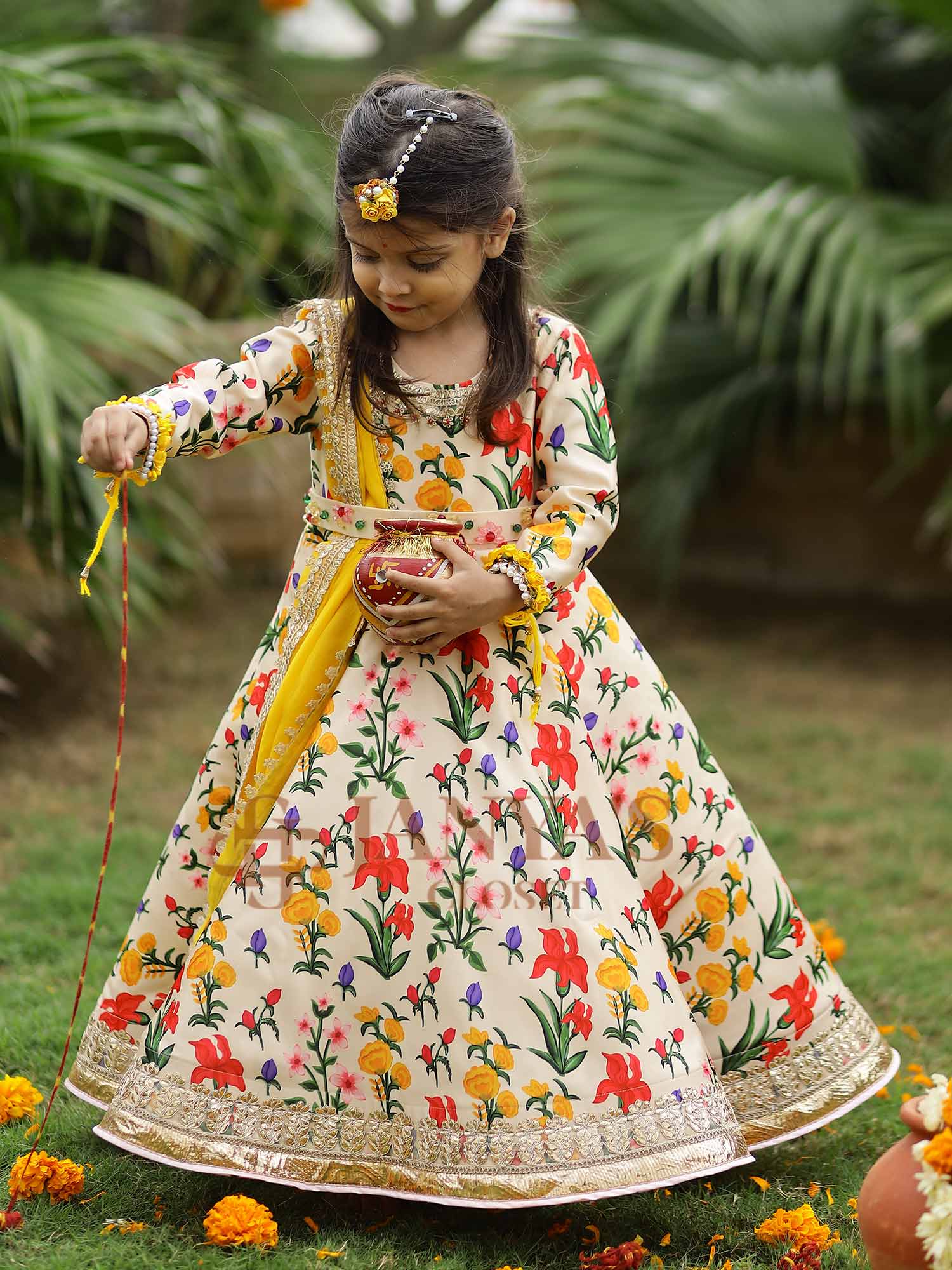Pre Order: Autumn Bouquet Flared Gown With Dupatta And Belt