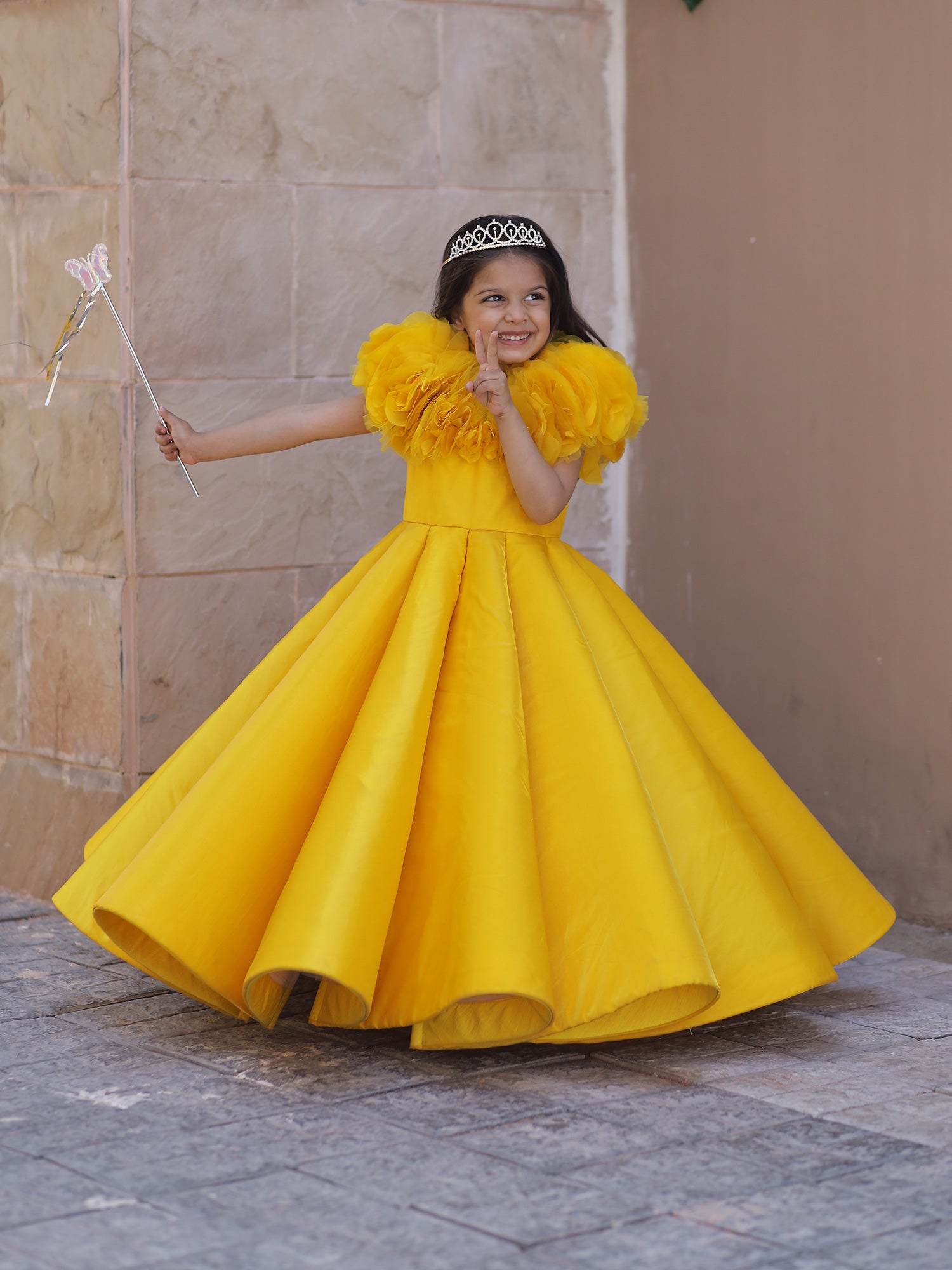 Yellow Couture Gown With Hair Accessory