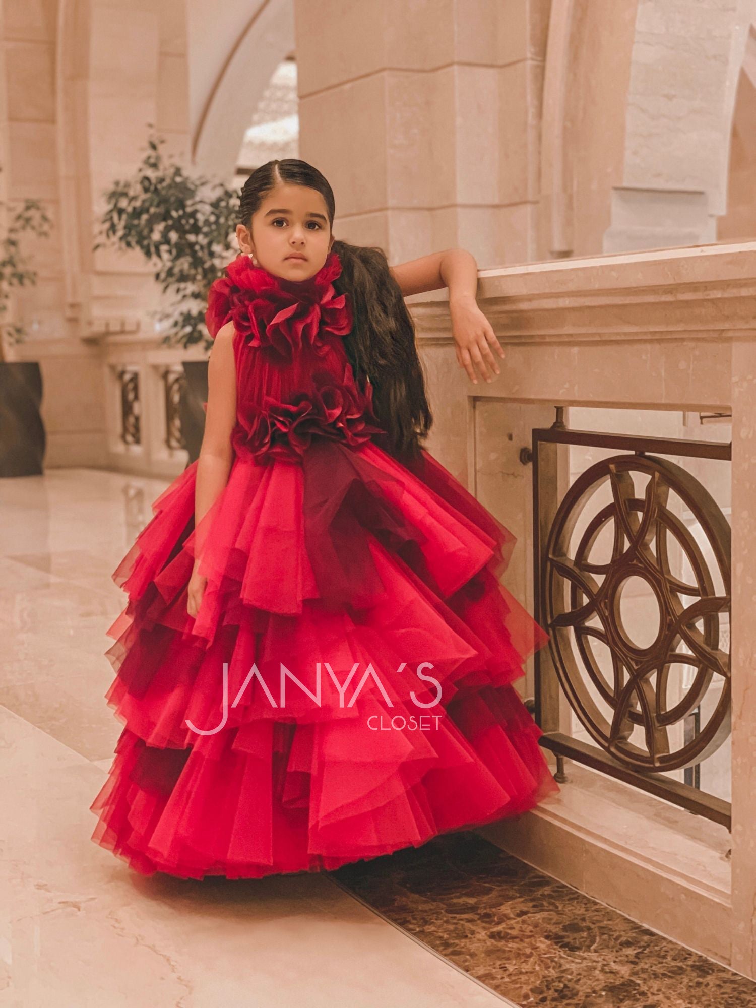 Pre Order :  Baby Red Hankies Shaded Drapes Gown With Hair Accessory