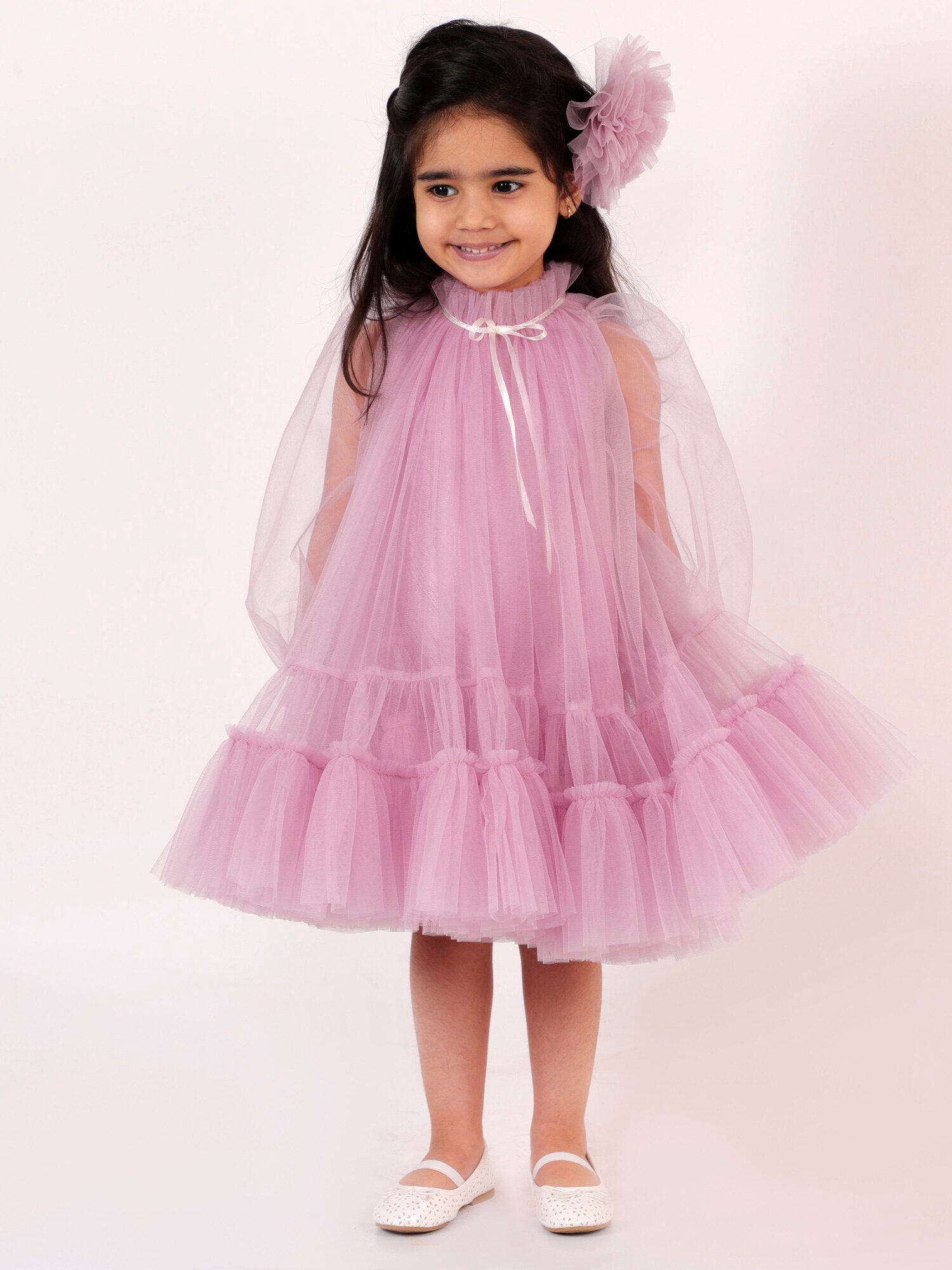 Pre-order: Mauve Pink Preety Party Teens Net Layered Dress with Hair pin*