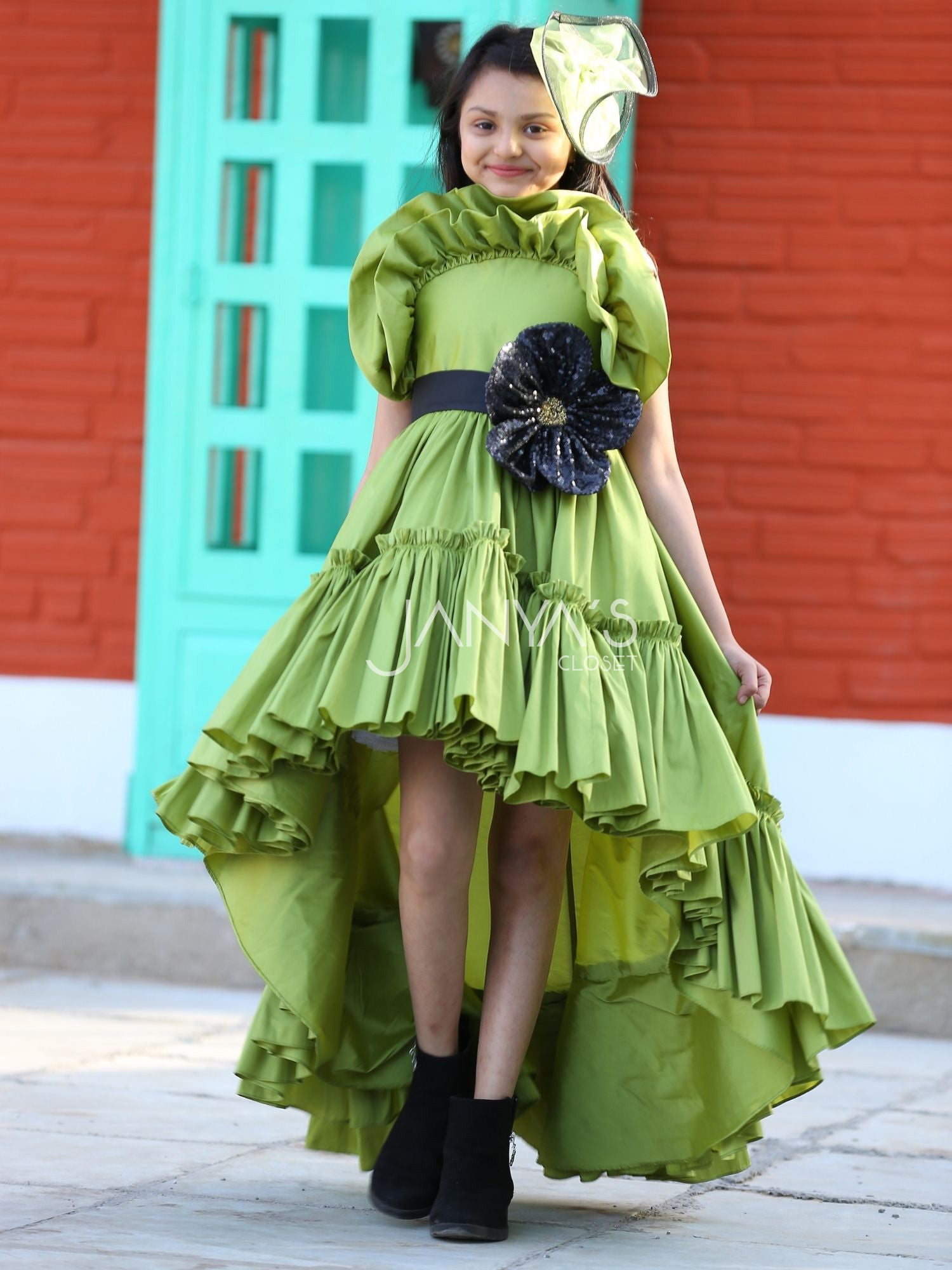 Pistachio Taffeta High-Low Dress With Hair Accessory
