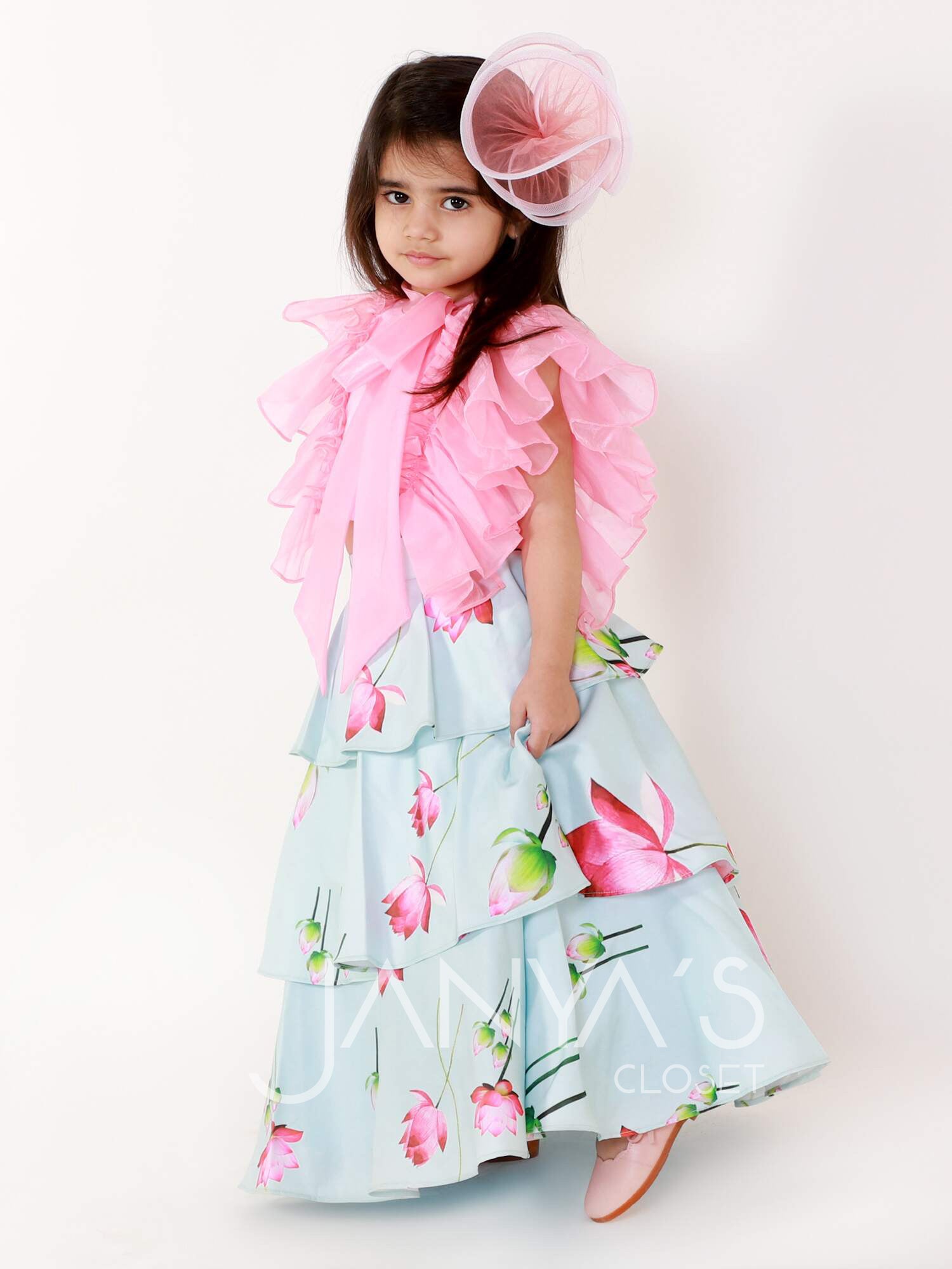 Pre order : Printed Satin Layered Skirt With Organza Top And Hair Accessory