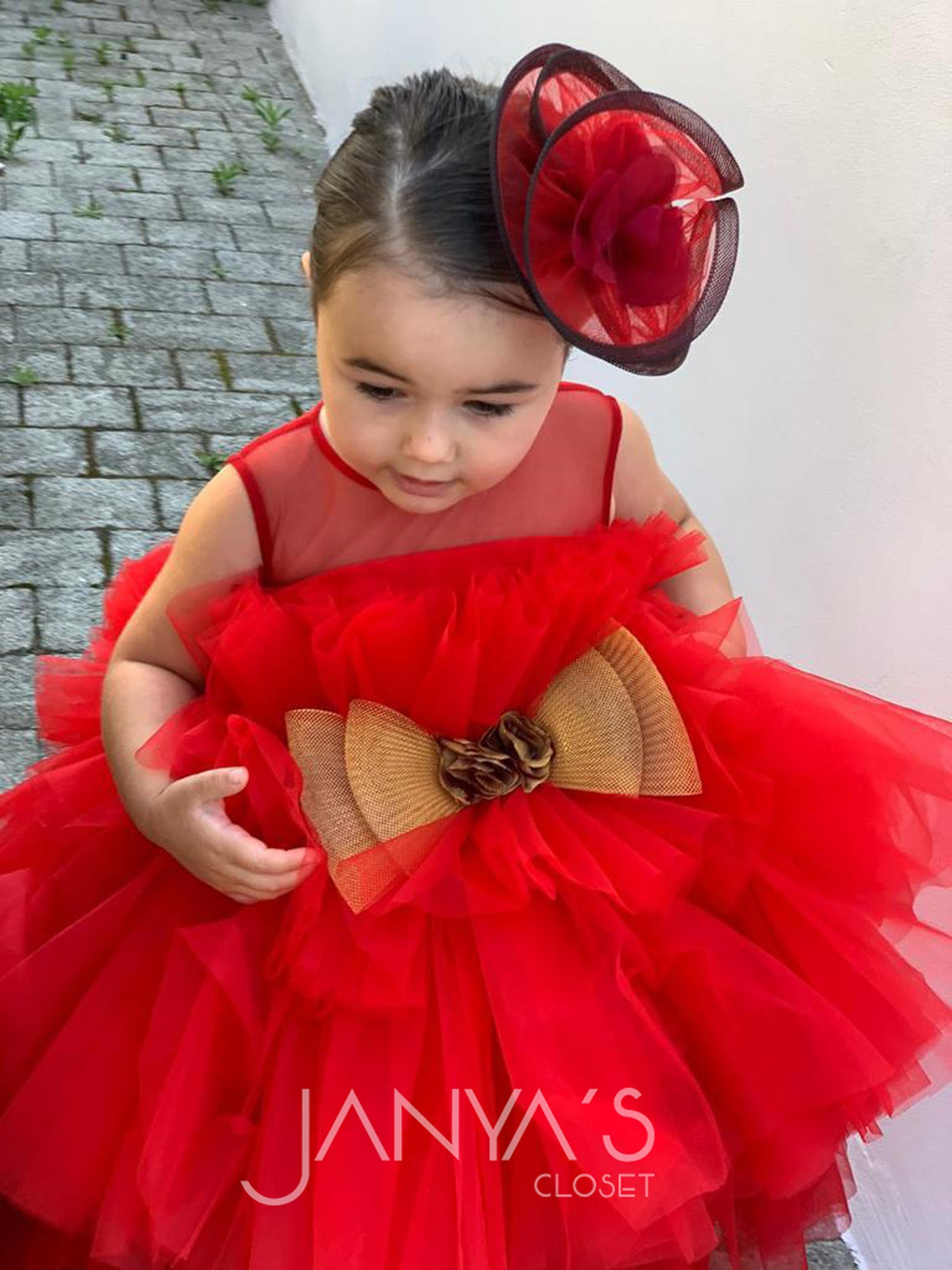 Pre order : Red Ruffle High -Low Gown With Hair Accessory